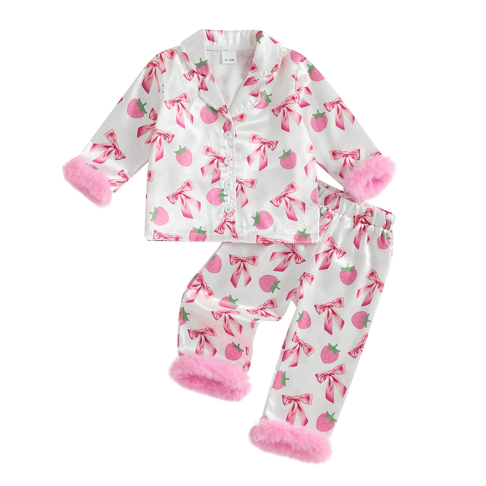 Kuriozud Western Toddler Kids Girl Satin Silk Pajamas Little Girl Feather Trim Sleeve 2 Piece Pajama Set Fall Nightgown Pjs (A-Pink, 6-12 Months)