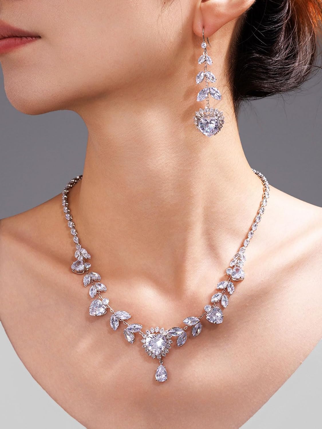 Wedding Jewelry Sets for Brides | Sterling Silver Heart Dangle Earrings and Necklace Set with Cubic Zirconia | Wedding Jewelry Sets for Bride and Bridesmaid | Bridal Party Jewelry Accessories