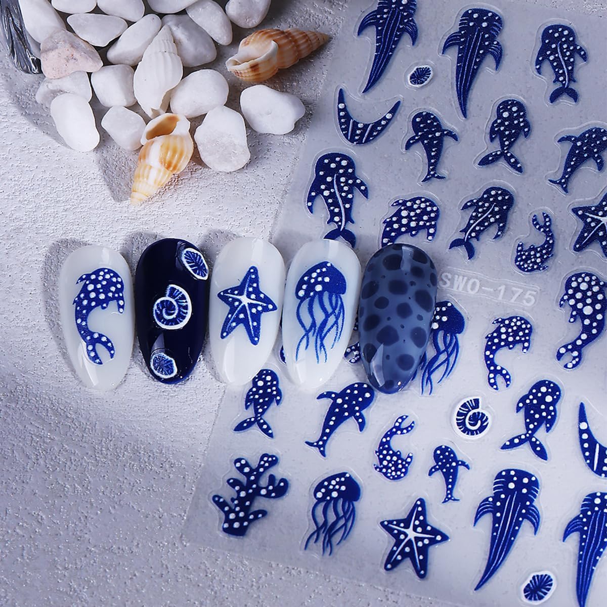 Ocean Blue Nail Stickers for Nail Art Decals - Summer Nail Art Stickers with Polka Dot Whale Shark Nail Art Designs 3D Self Adhesive Cartoon Nail Supplies Decorations for Women Girls DIY 2 Sheets