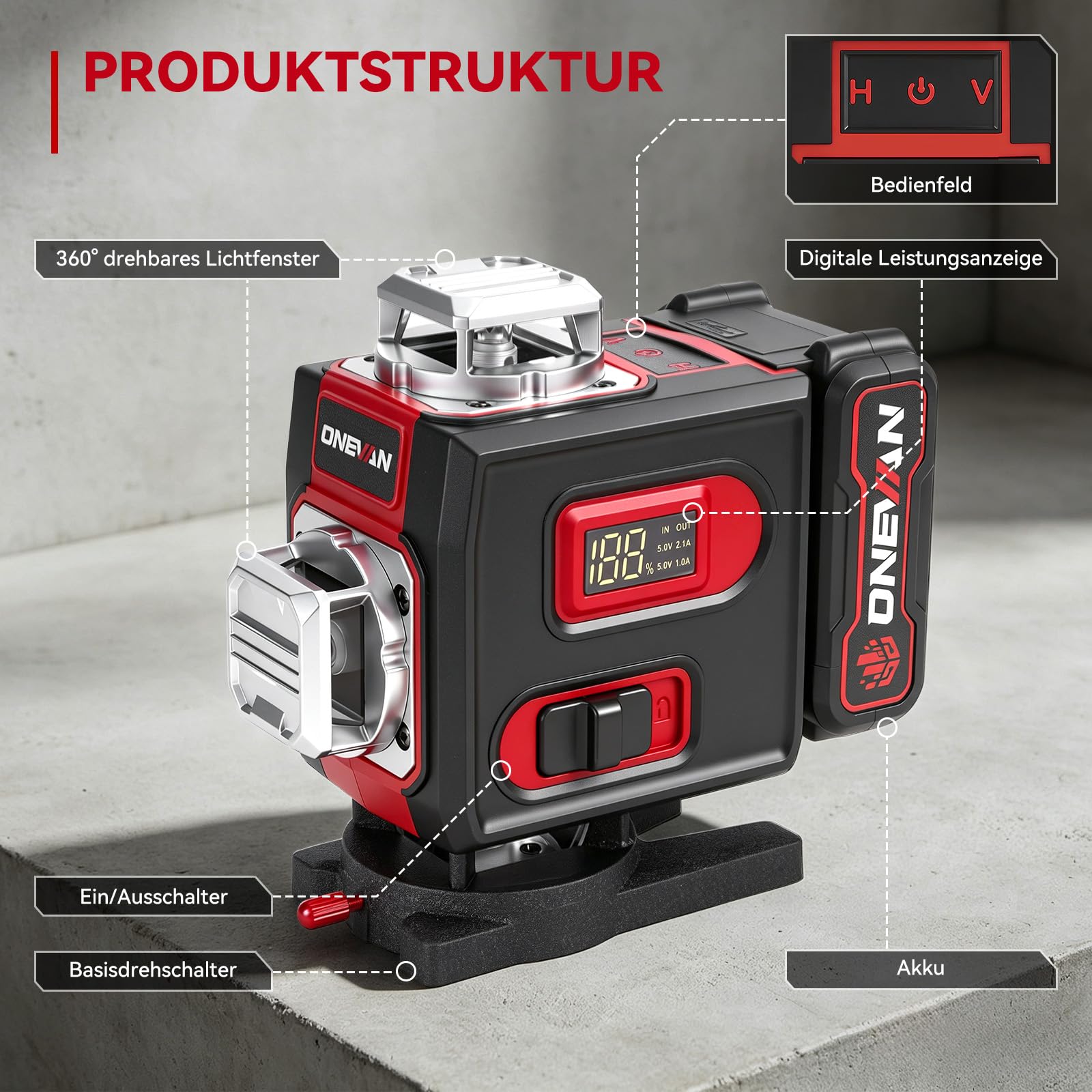 ONEVAN Nivelador Laser con Tripode, Autonivelación, 360° 4D Láser Verde | Autonivelación ±3°, 30m mando a distancia, pantalla LCD, con 2 baterías 4800mAh, para trabajos de montaje y pavimentación
