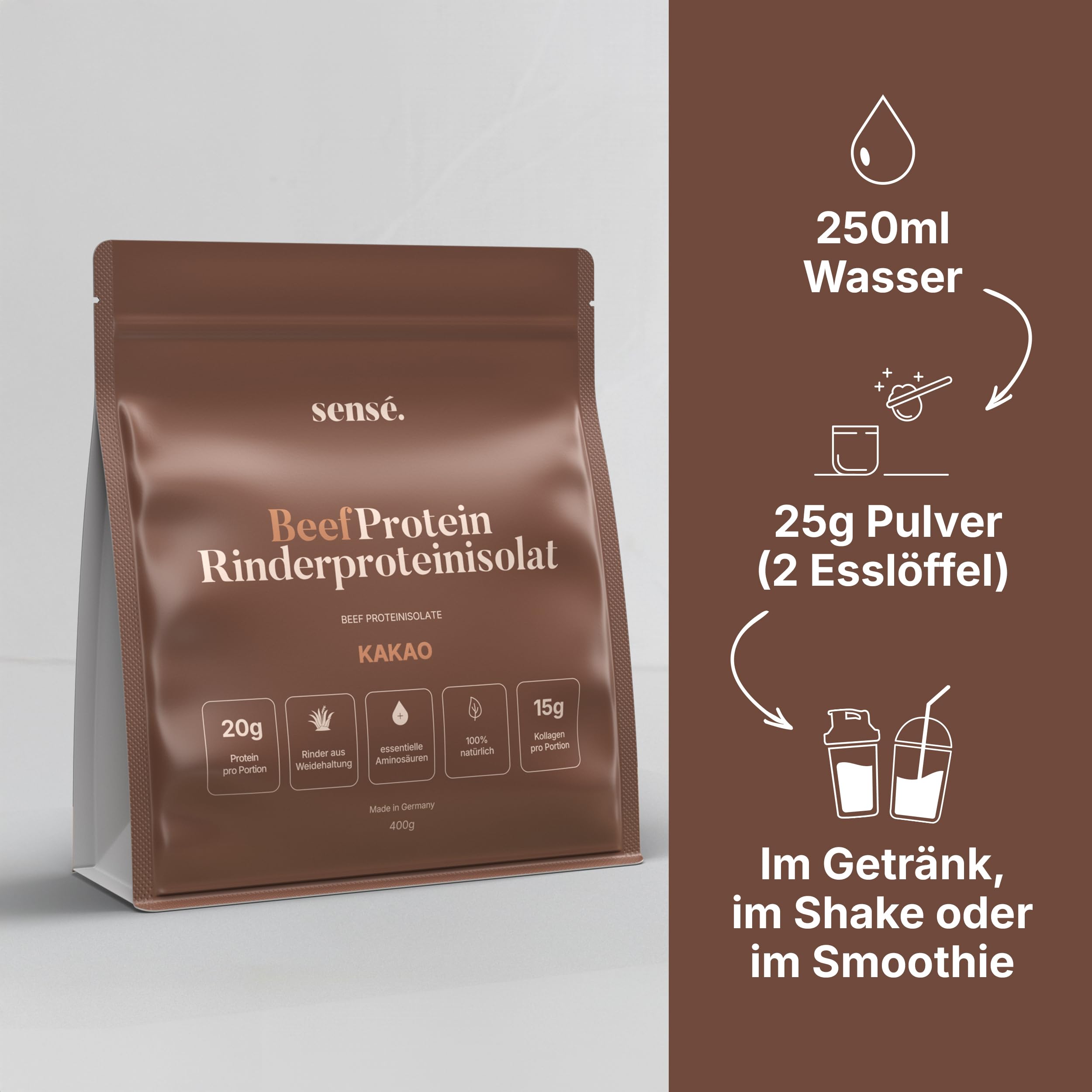 Sensé. Rinderprotein Pulver Kakao 400g -100% natürlich | 20g Protein | 10% Kakaopulver & Flohsamenschalen | Bioaktiv | Kollagen 1,2+3 | Knochenbrühe vom Weiderind | Bone Broth | Made in Germany