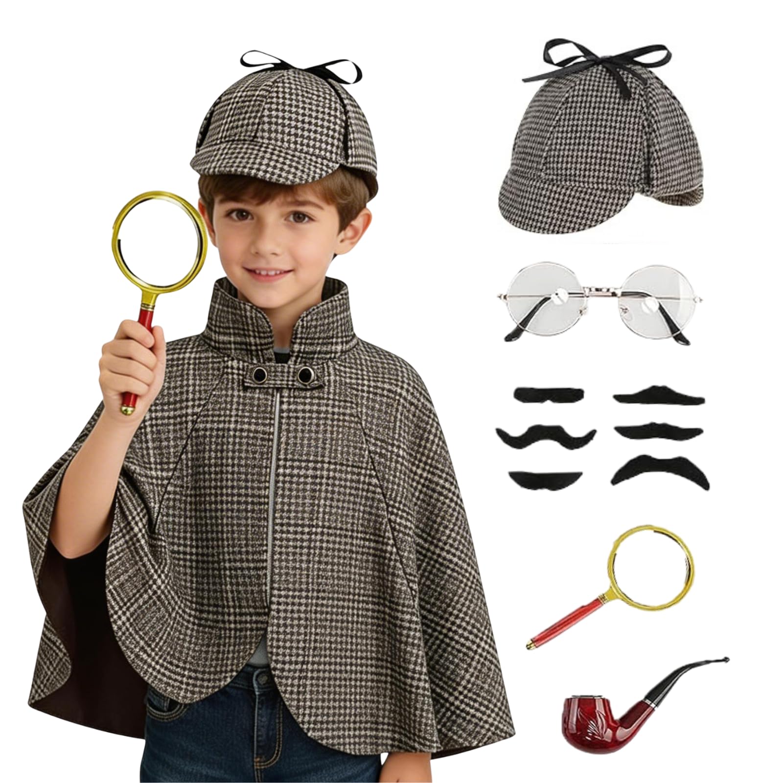 Kids Detective Costume Boys and Girls Victorian Costumes with Cape, Detective Hat, Magnifying Glass, Glasses, Mustache & Smaking Pipe Perfect for World Book Day, Halloween (Dark Brown, 60cm) โ image 1