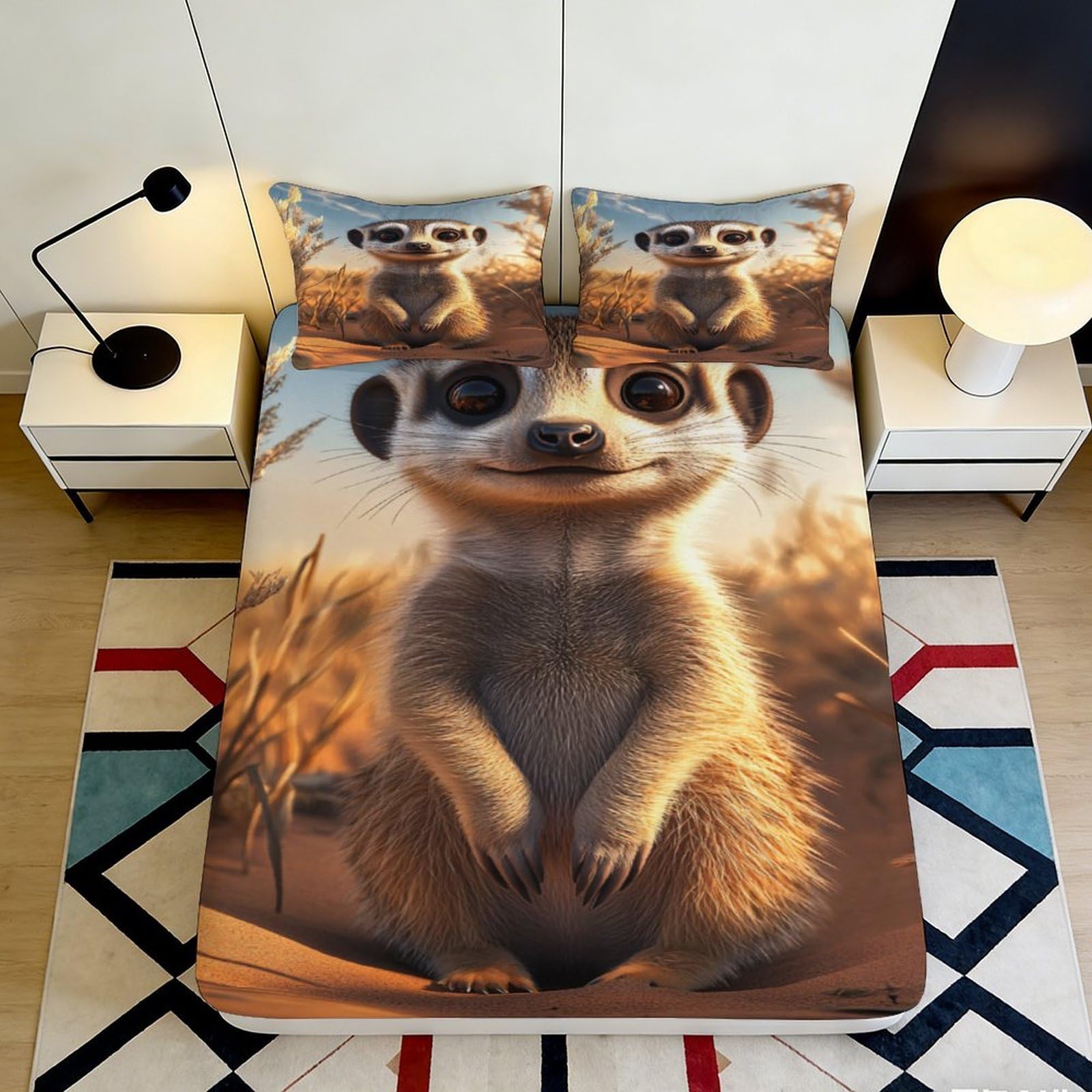 3D Printed Meerkat Animal Fitted Sheet Microfiber Soft Breathable Cute Wildlife Bed Cover for Bedroom Dormitory Guest Room Mattress Protection Decor 140x200x25cm