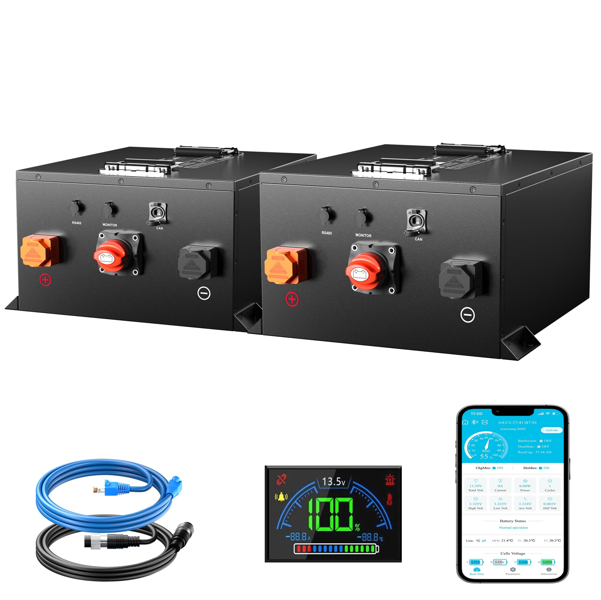 Confezione da 2 batterie al litio LiFePO4 da 12 V 640 Ah per camper, con Bluetooth BMS da 300 A, protezione a bassa temperatura, 8192 Wh di energia utilizzabile, oltre 8000 cicli per pannello solare