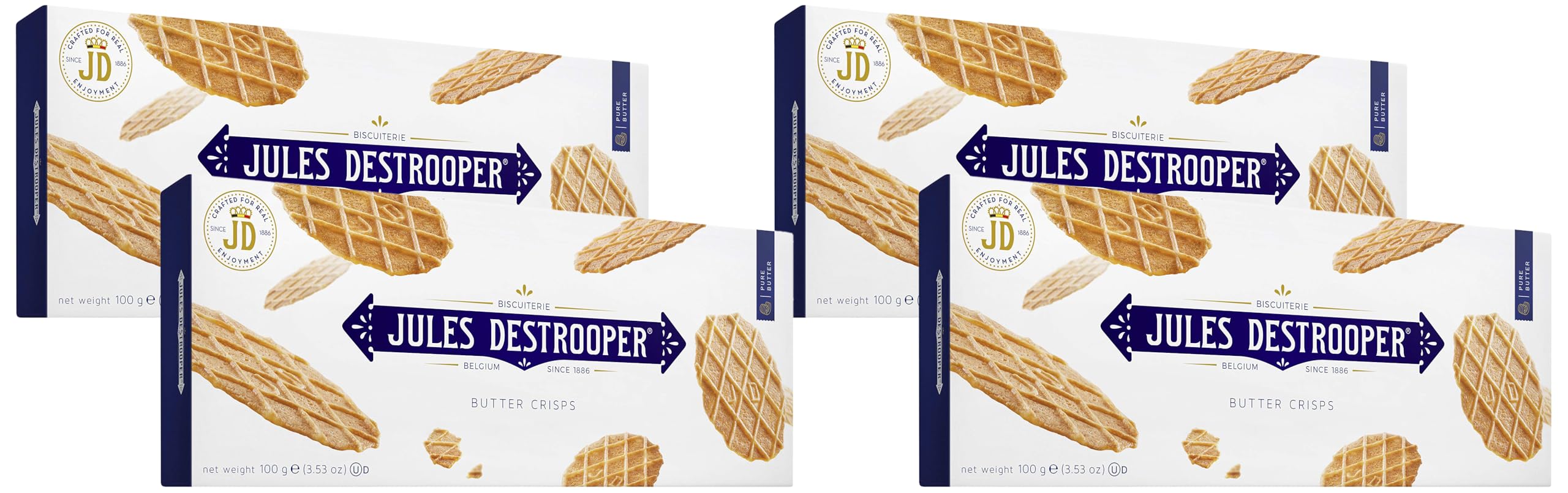 Jules Destrooper Biscuit Butter Crisps, Box of Authentic Belgian Butter Biscuits, Luxury Biscuits Gift Set, 100 g (Pack of 4)