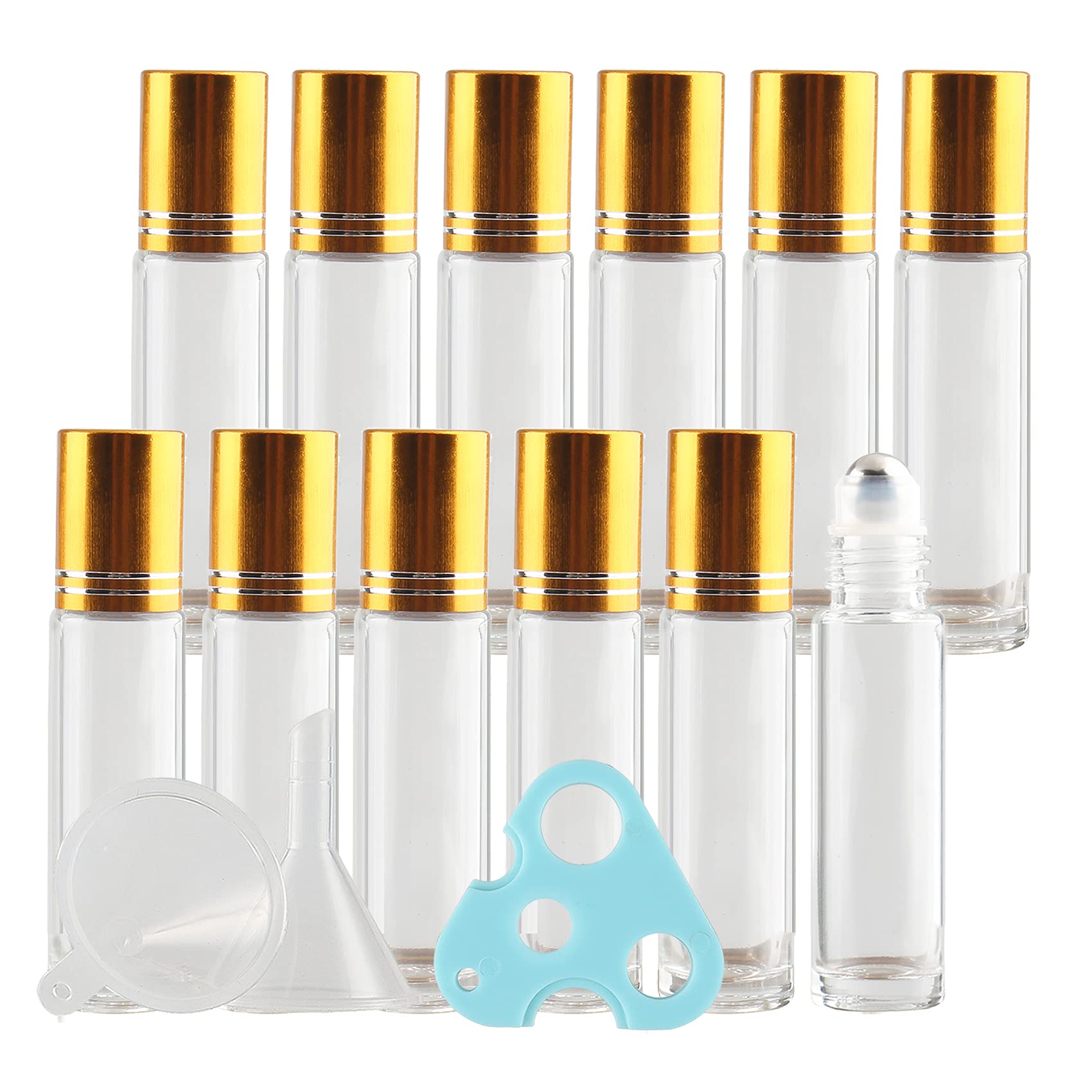 24 Stück Leere 10ml Transparent Glas Roller Flaschen mit Gold Alu Schraubverschluss, Roll-On Glasflaschen mit Glasroller für Ätherische Öle Essential Oil mit Trichter Öffner