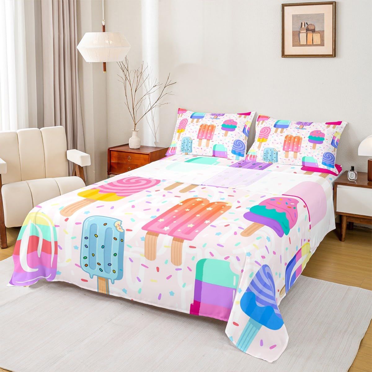 Kids Ice Cream Bed Sheet Set Queen,Cartoon Rainbow Watercolor Dessert Bedding Set 4pcs for Girls Teens Room Decor,Colorful Sugar Sweet Food Fitted Sheet Fantasy Cute Top Flat Sheet,2 Pillowcases