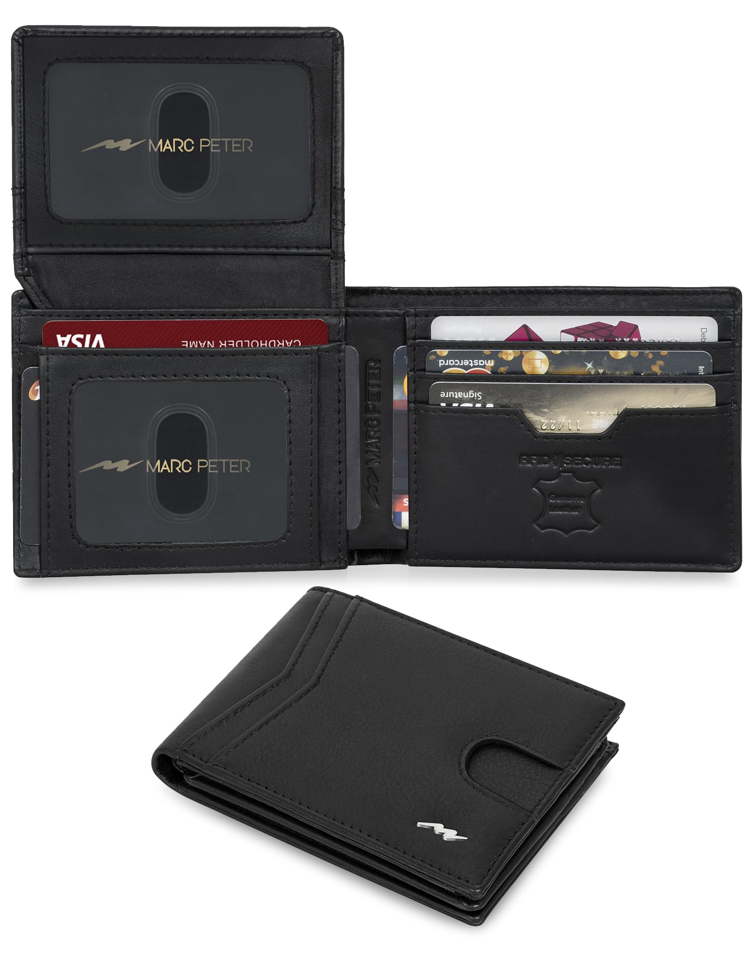 Marc Peter Wallet for Men Slim Bifold RFID Blocking with 2 ID Window up to 14 cards Minimalist Front Pocket Full Grain Leather Wallet and Gift Box