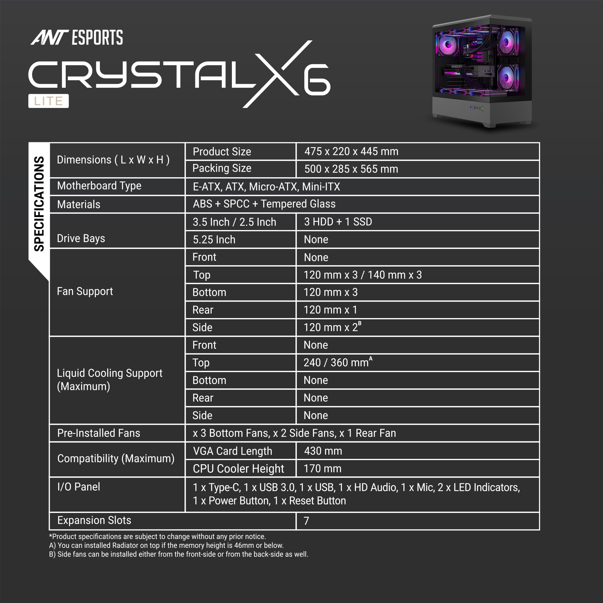 Ant Esports Crystal X6 Lite - Black Gaming Case -13