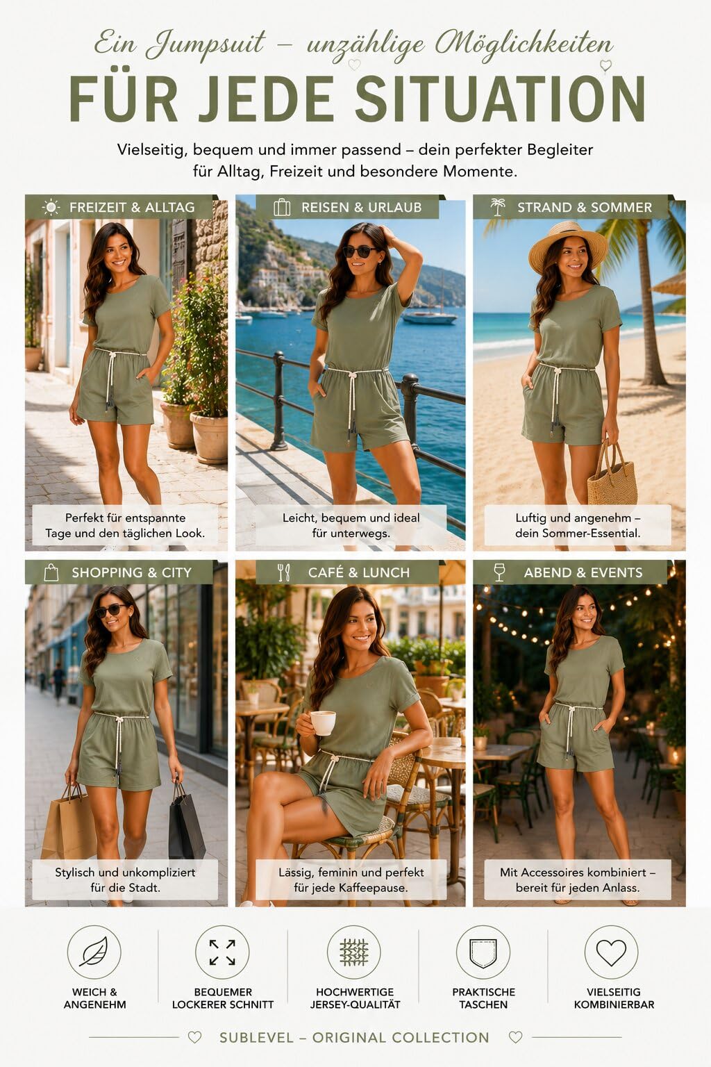 Sublevel Damen Jumpsuit Kurz Sommer Overall Einteiler mit Flechtgürtel, Taschen, T-Shirt kurzen Ärmeln und Rückenschlitz
