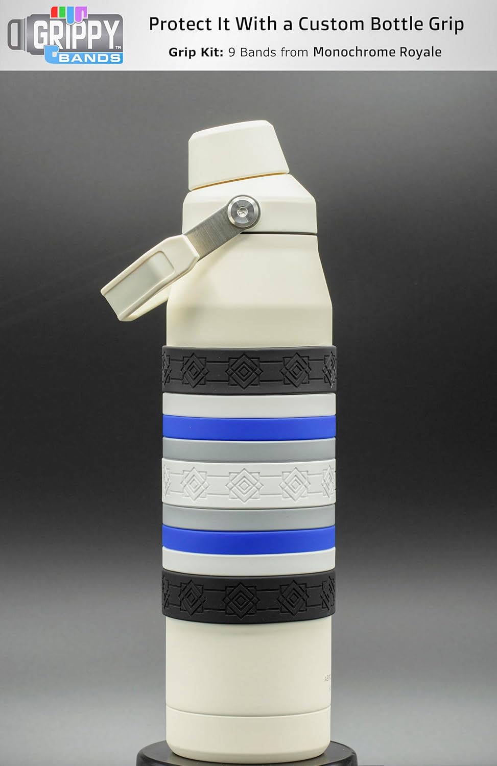Colorful Water Bottle Grip Kit - MONOCHROME ROYALE: Regular - 12 Silicone Bands for Superior Grip, Style, & Protection - Arrange Them Your Own Way. - Image 4