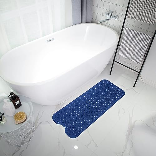 Miniatura 8 de Tapetes para bañera y ducha, antideslizante, 39 x 16 pulgadas, extra larga, lavable a máquina, con orificios de drenaje, ventosas para baño (azul