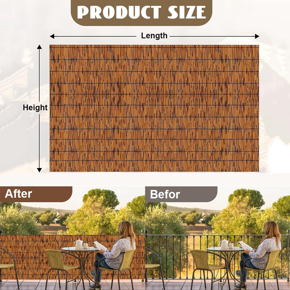 Stuoia in Bambù Naturale Pelato, Arelle Canniccio per Recinzione Frangivista Frangivento, Arella per Giardino Balcone Terrazza Piscina Cannette Legate, Rotolo Bambù Decorativo(Marrone,H1.8 x L8m)
