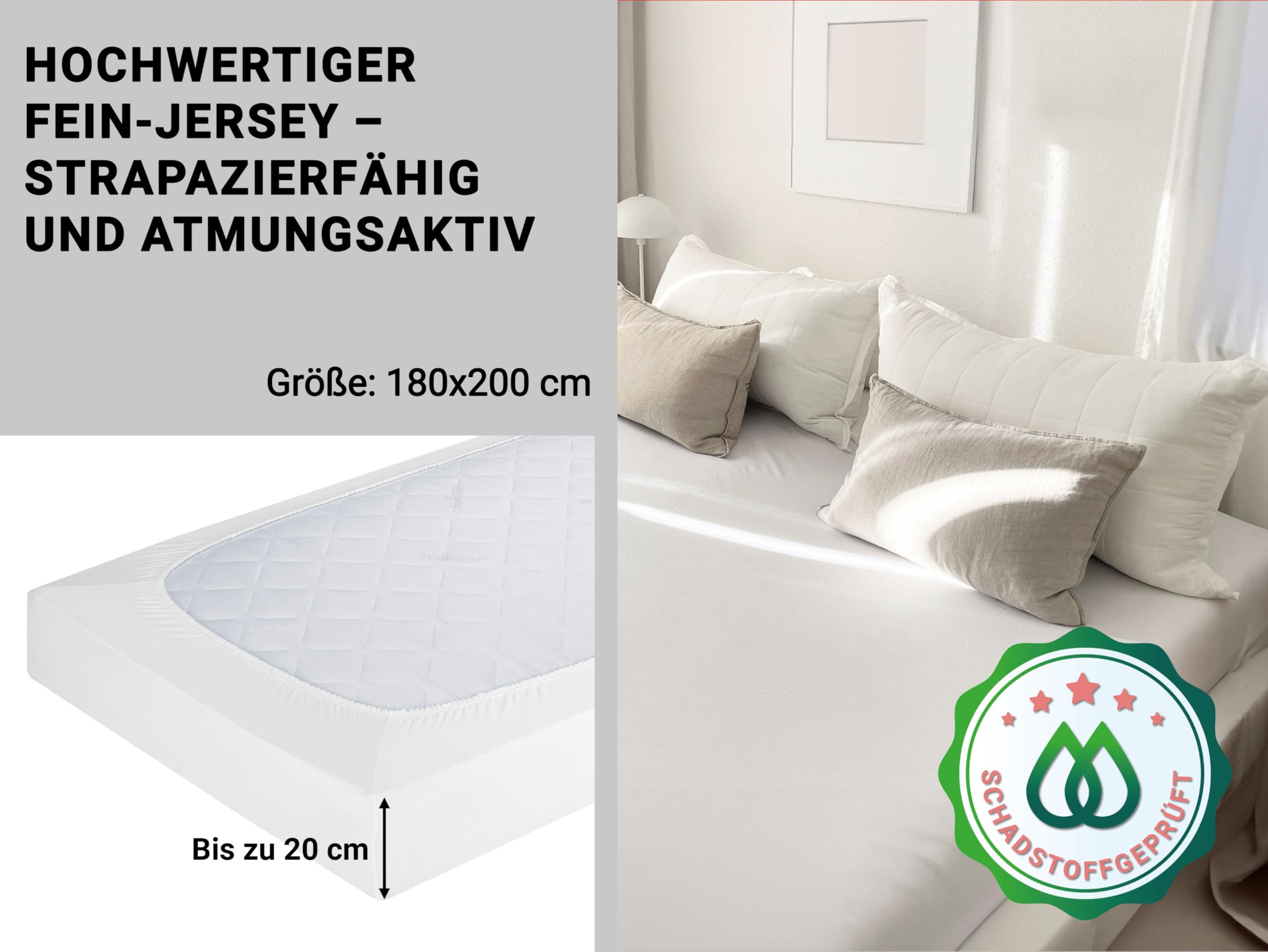 ZOLLNER Spannbettlaken in 180x200 cm - mit eingearbeitetem Gummibund - Baumwolle - waschbar bis 95°C - Hotelqualität - Oeko Tex® Zertifiziert