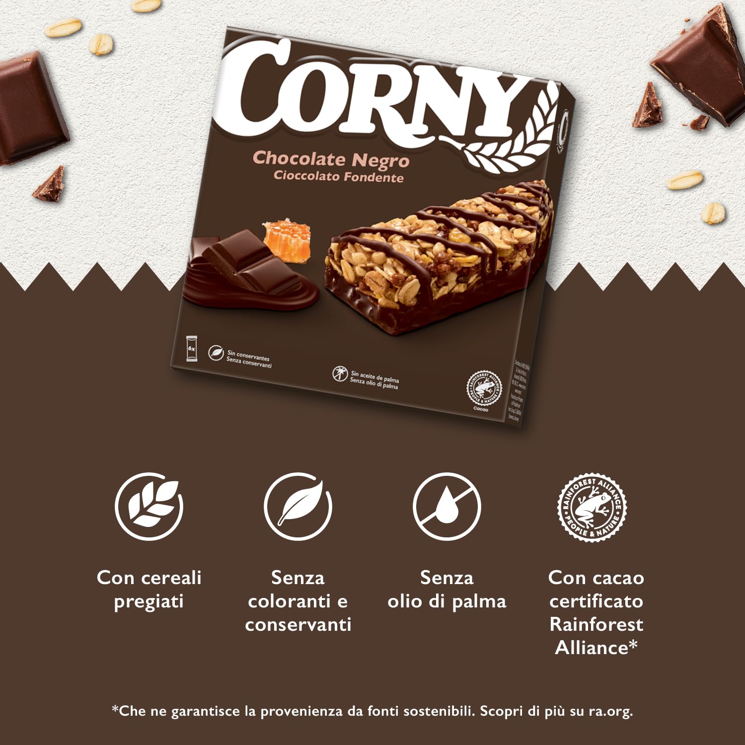CORNY Original | 60 Barrette ai Cereali con Cioccolato Fondente, 10 Confezioni da 6 Barrette x 23 g, Senza Olio di Palma, Senza Conservanti, Cacao Certificato Rainforest Alliance