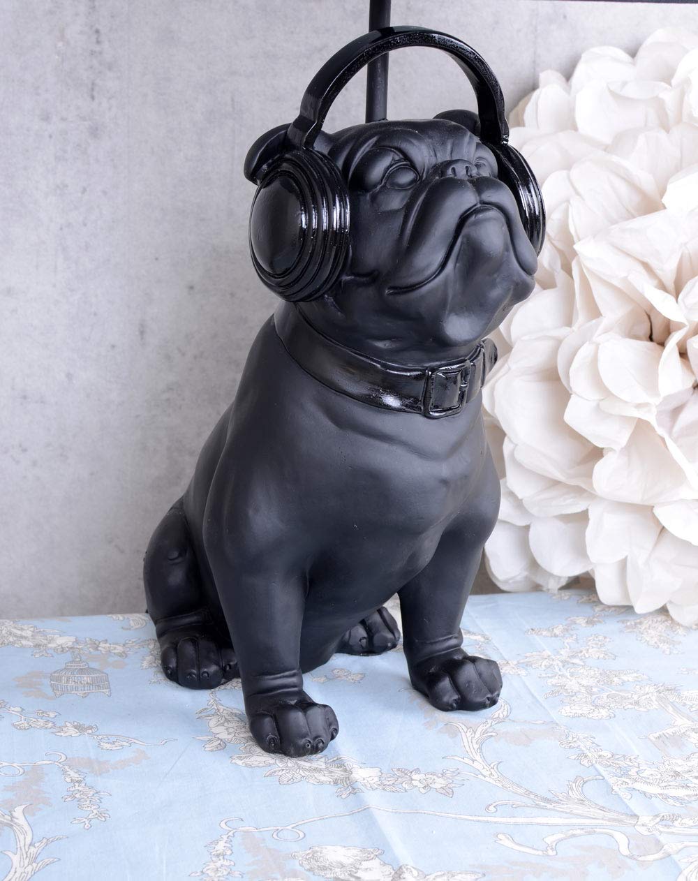 LAMPADA DA TAVOLO MOPS CON SOPRA L'ORECCHIO CUFFIE ELEGANTE Lampada NERO 54cm PALAZZO ESCLUSIVO