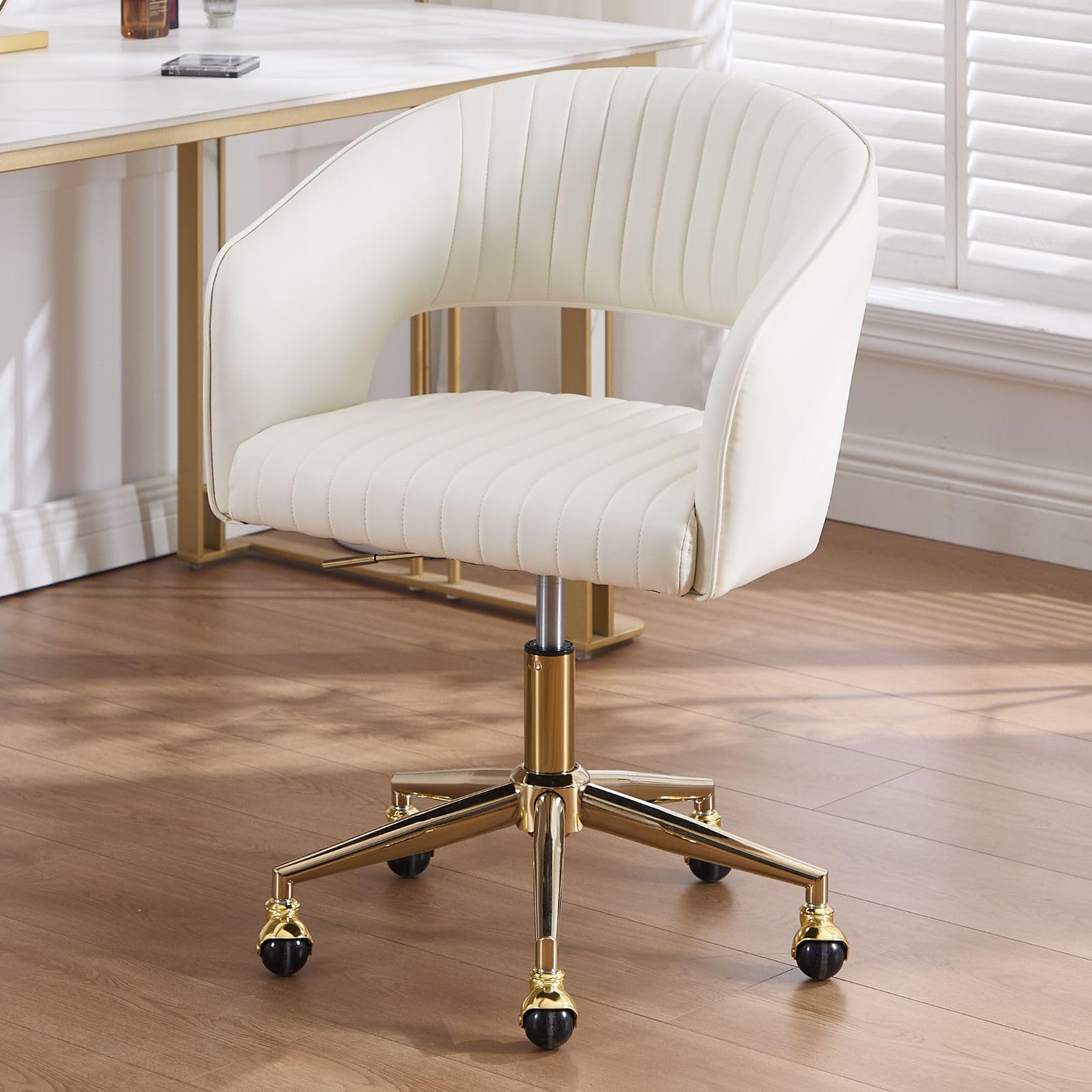 Ya-Home Modern Home Office Chair PU Leather Swivel Chair with Height Adjustable, Vanity Chairs for Adults Teens Bedroom, White