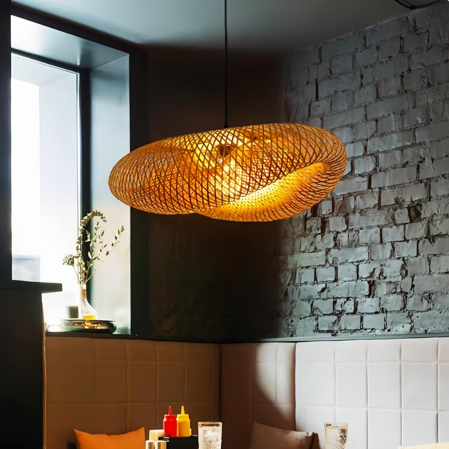 COSYLUX Farmhouse Rattan Pendant Light Fixture for Kitchen Island, Dining Room, 22'' Hand-Woven Bamboo Hanging Lamp, Rattan Chandelier Bird Nest Shape Pendant Light for Bar Cafe Living Room Rattan Large