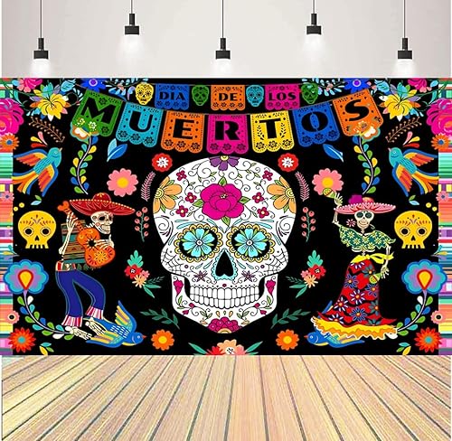 Miniatura 2 de Telón de fondo del Día de los Muertos de 7 x 5 pies, flores mexicanas, calavera, guitarra, cactus, fondo de fotografía, Dia DE Los Muertos, Mxico,