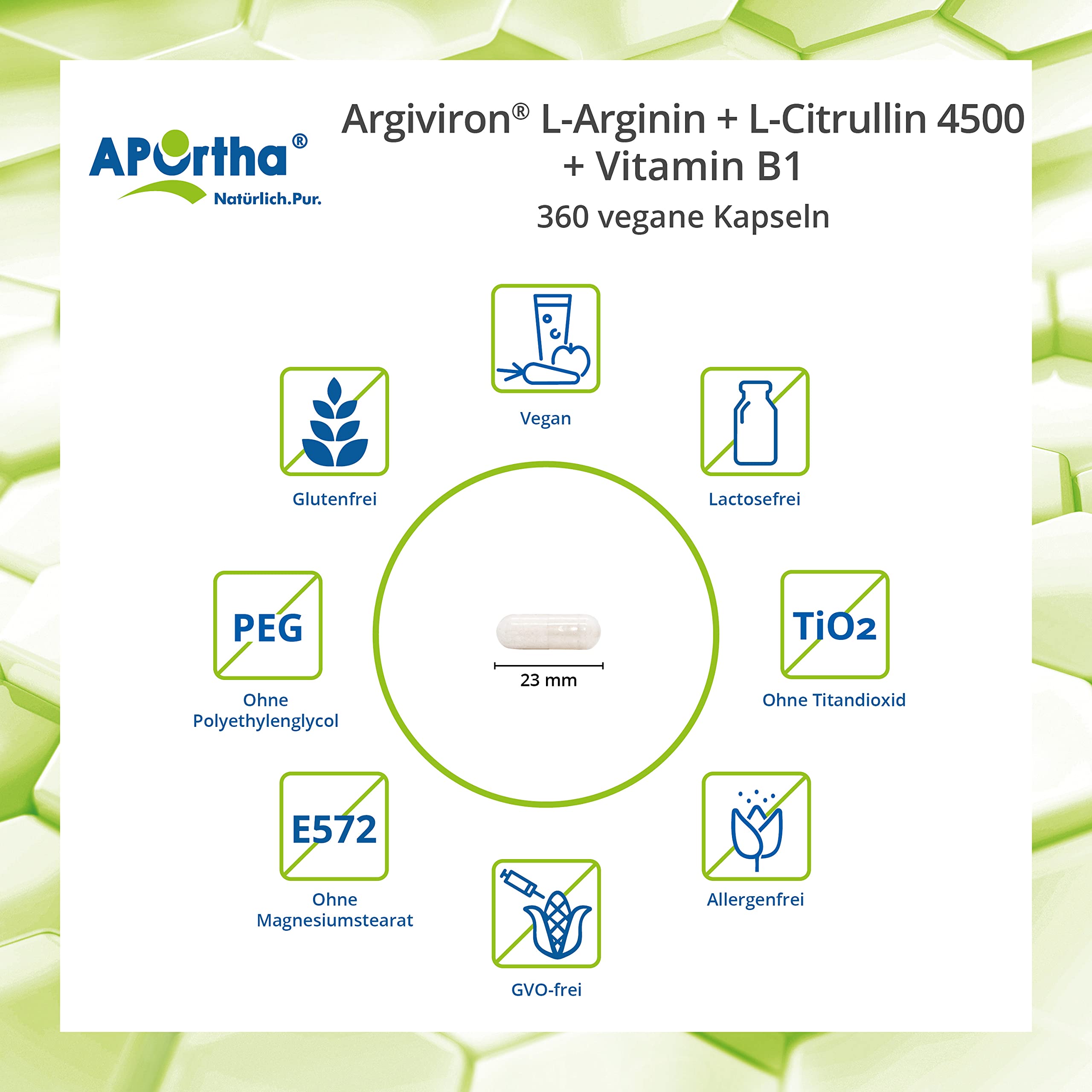 APOrtha® Argiviron® L-Arginin + L-Citrullin 4500 hochdosiert + Herzvitamin Vitamin B1, 360 vegane Kapseln, Hochdosiert im Verhältnis von 1,6 zu 1 von L-Arginin zu L-Citrullin, allergenfrei