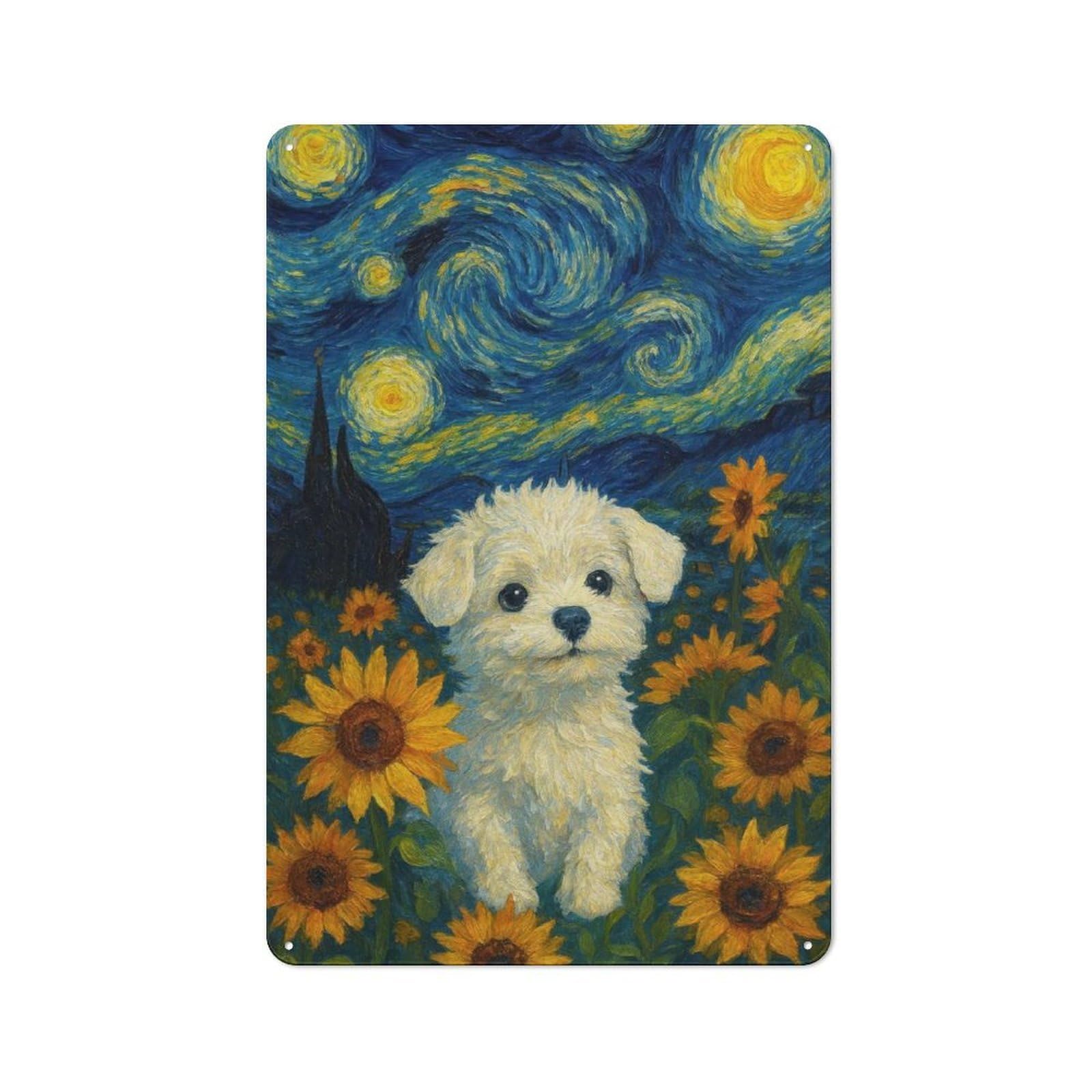 Junmoney Dog In Sunflower Field, Starry Night Shop Front Style Cafe Metal Sign 30X20cm, Bistro Wall Plaque For Tea Room, Shop Wall Or Breakfast Area