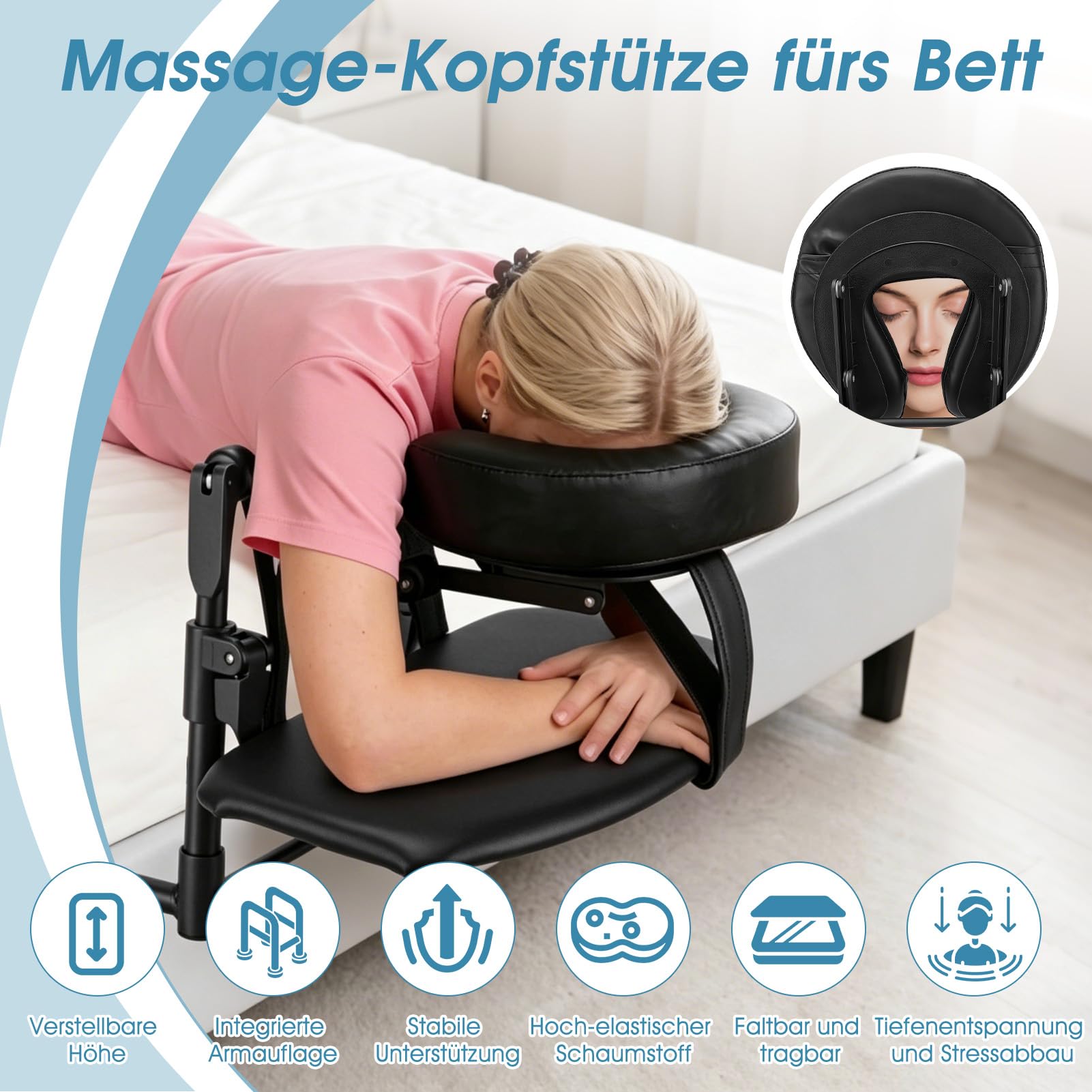 VINGVO Massage Kopfstütze Für Bett,Verstellbares Kopfstütze Massage Bett Mit Armlehne,Betts Massages Kopfteil U-Förmiges Kissen Für Schönheitsbett Universal Für Salon Spa Zuhause