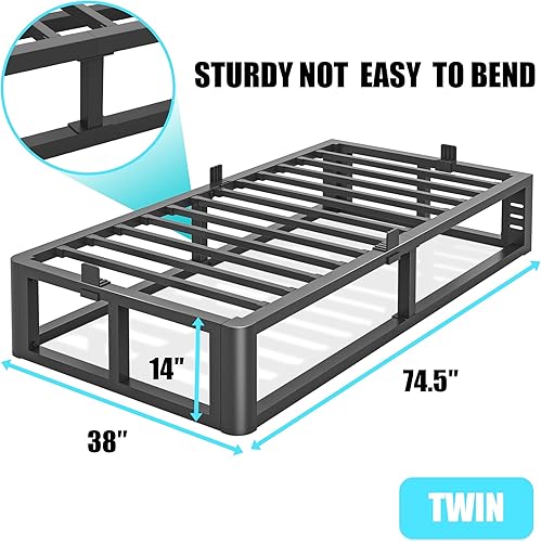 Miniatura 3 de Base de cama individual de metal resistente de 14 pulgadas con esquinas redondeadas y agujero para cabecero, retenedores de colchón de 3500 libras,