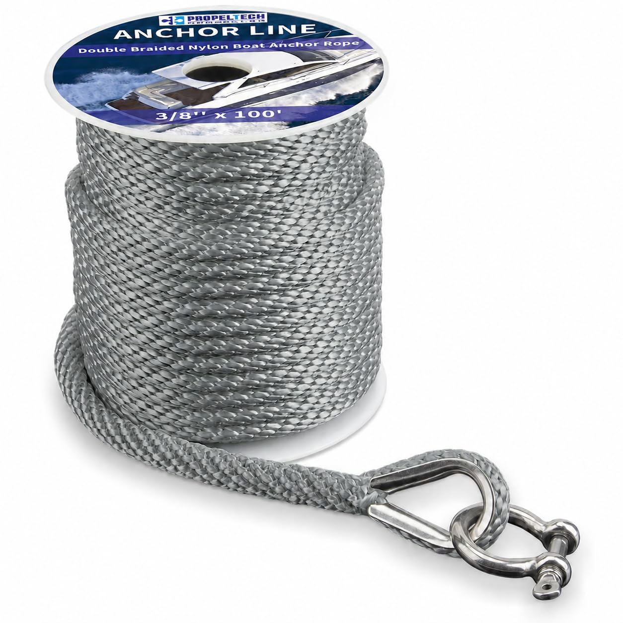 PropelTech Boat Anchor Rope 3/8 Inch 100FT Premium Marine Grade Anchor Lines Solid Braid MFP Boat Rope with Stainless Steel Thimble & Shackle, Durable Marine Line for Boats, Gray