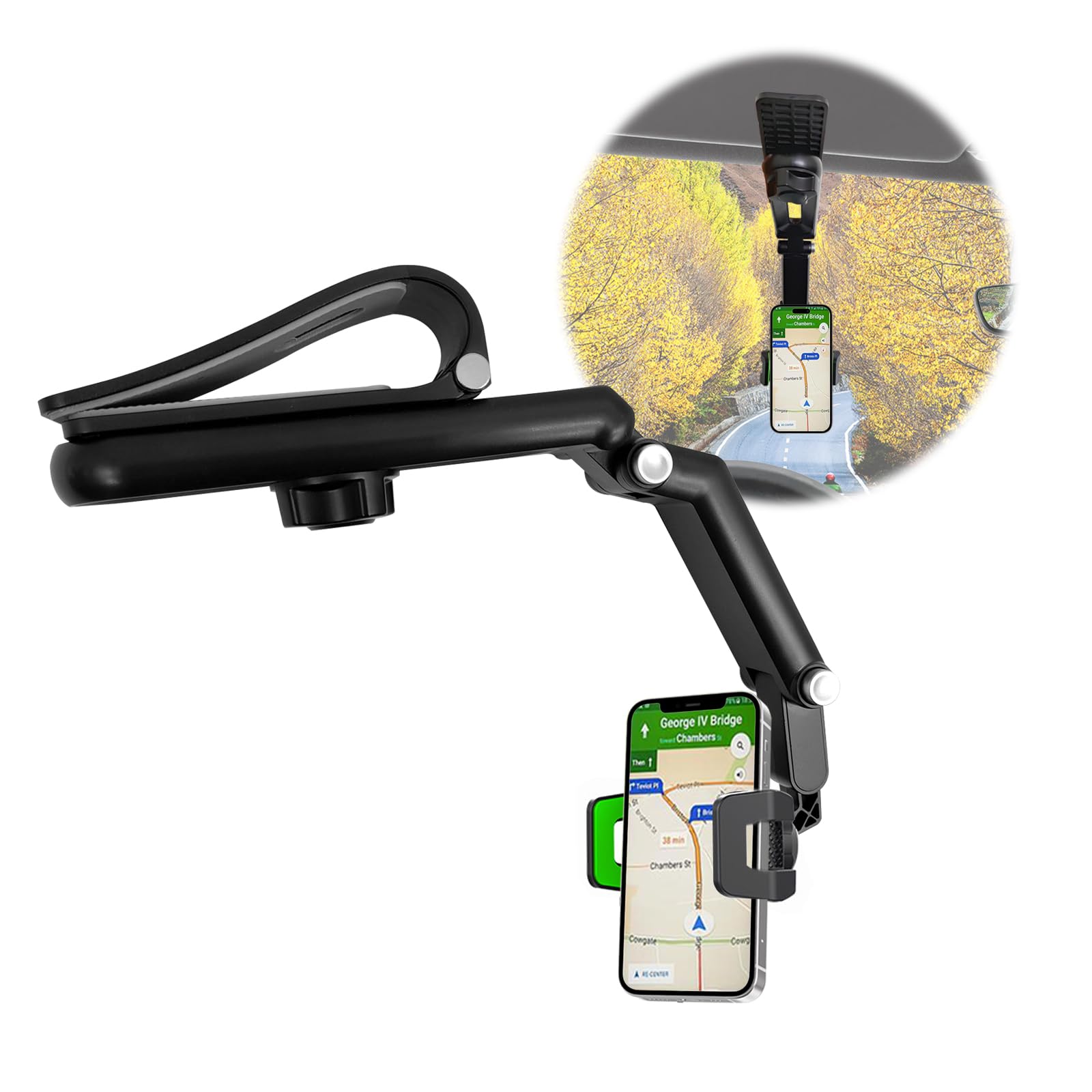 Multifunctional 360°Rotating Sun Visor Cell Phone Holder Compatible with iPhone, Samsung, Android Universal Retractable Rearview Mirror Steering Wheel Phone Clip