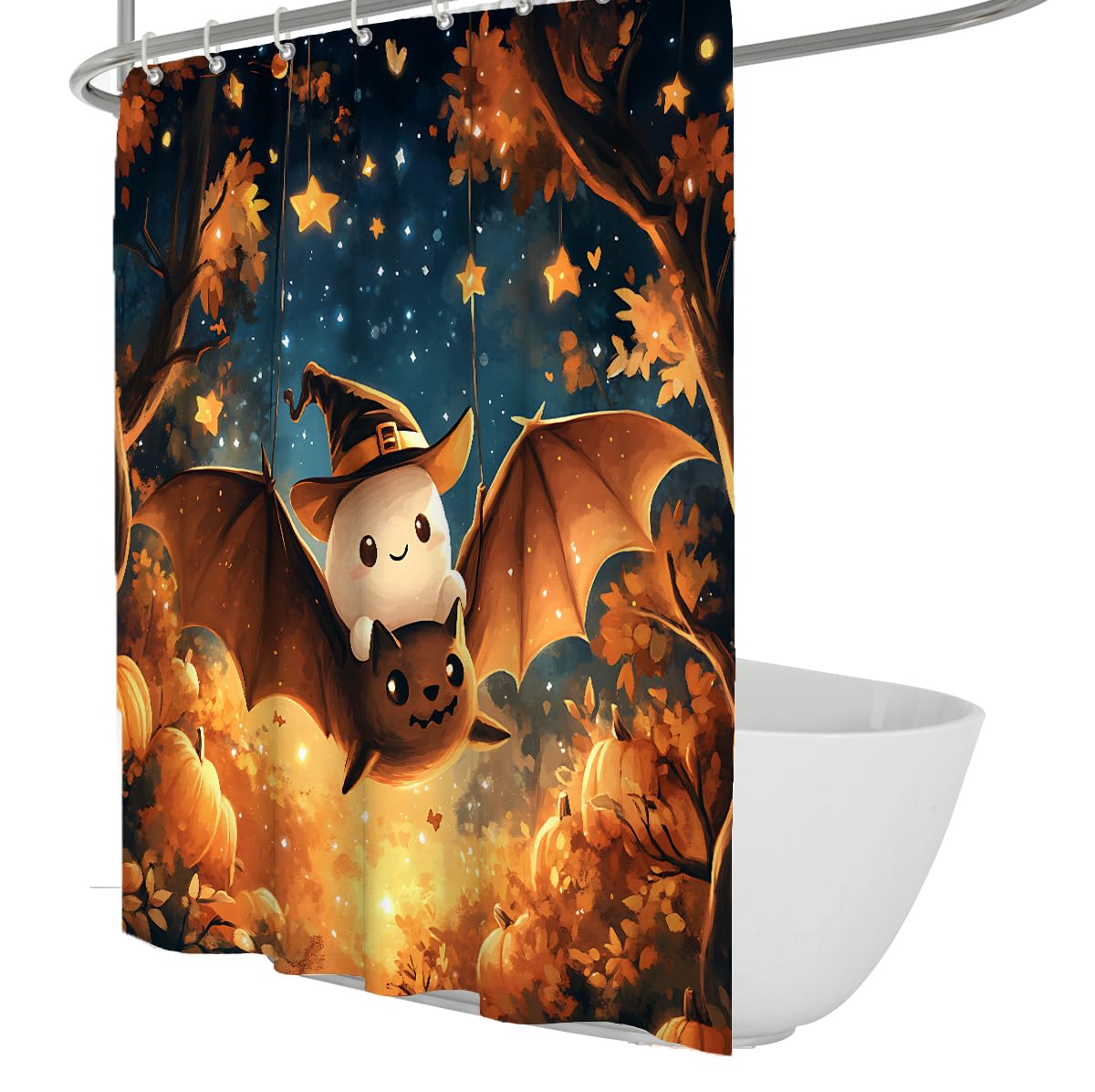 UIRINGART Cute Halloween Ghost Bath Screen W120xL180cm Spooky Starry Night Flying Bat Pumpkin Quick Drying Waterproof Washable Shower Curtains for Wet Room with Hooks