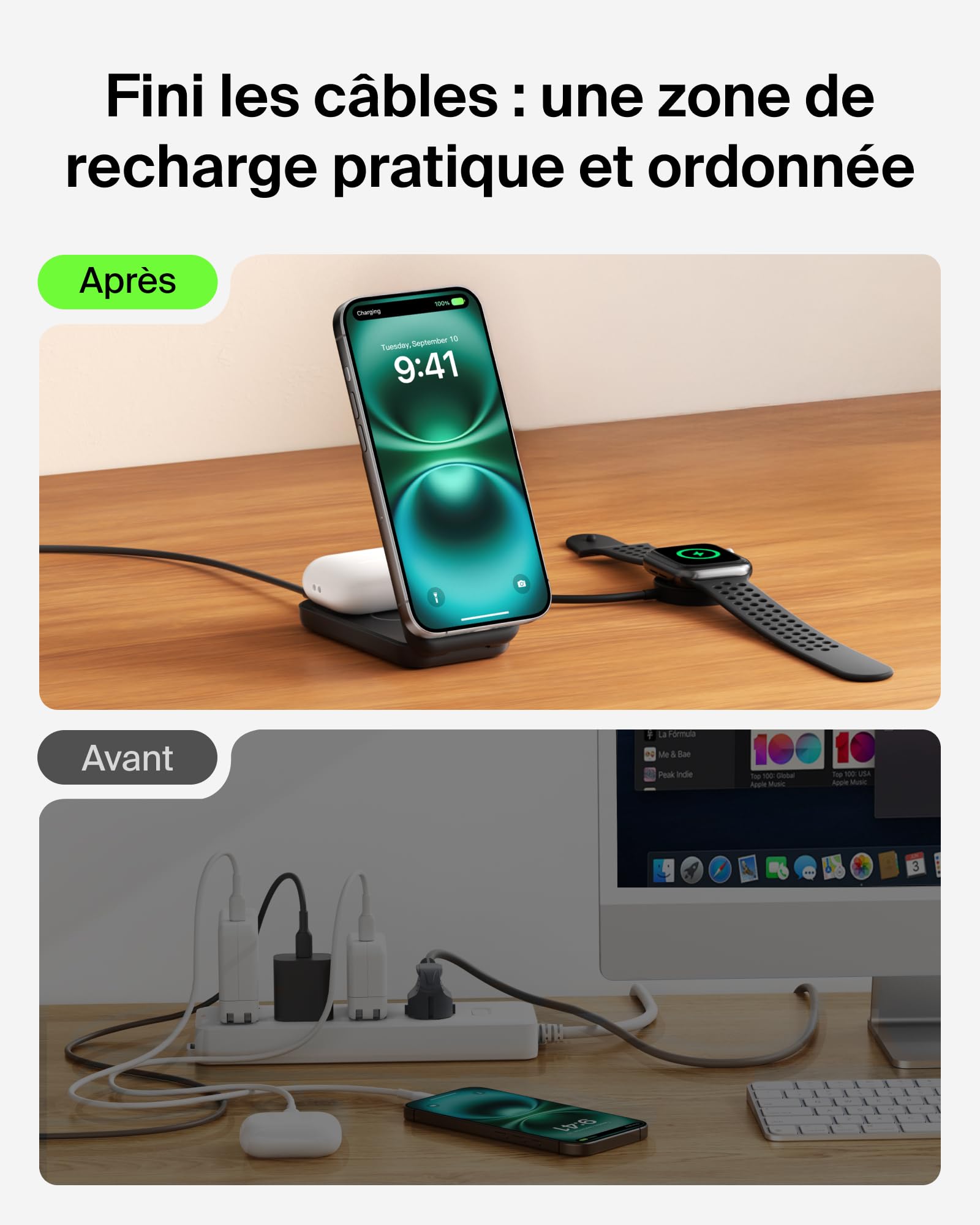 Belkin UltraCharge Chargeur Induction Qi2 25W, Station de Charge 2 en 1 pour iPhone 17, iPhone Air, AirPods, Pixelsnap, Compatible avec MagSafe avec Port-USB-C et Adaptateur 45W - Noir
