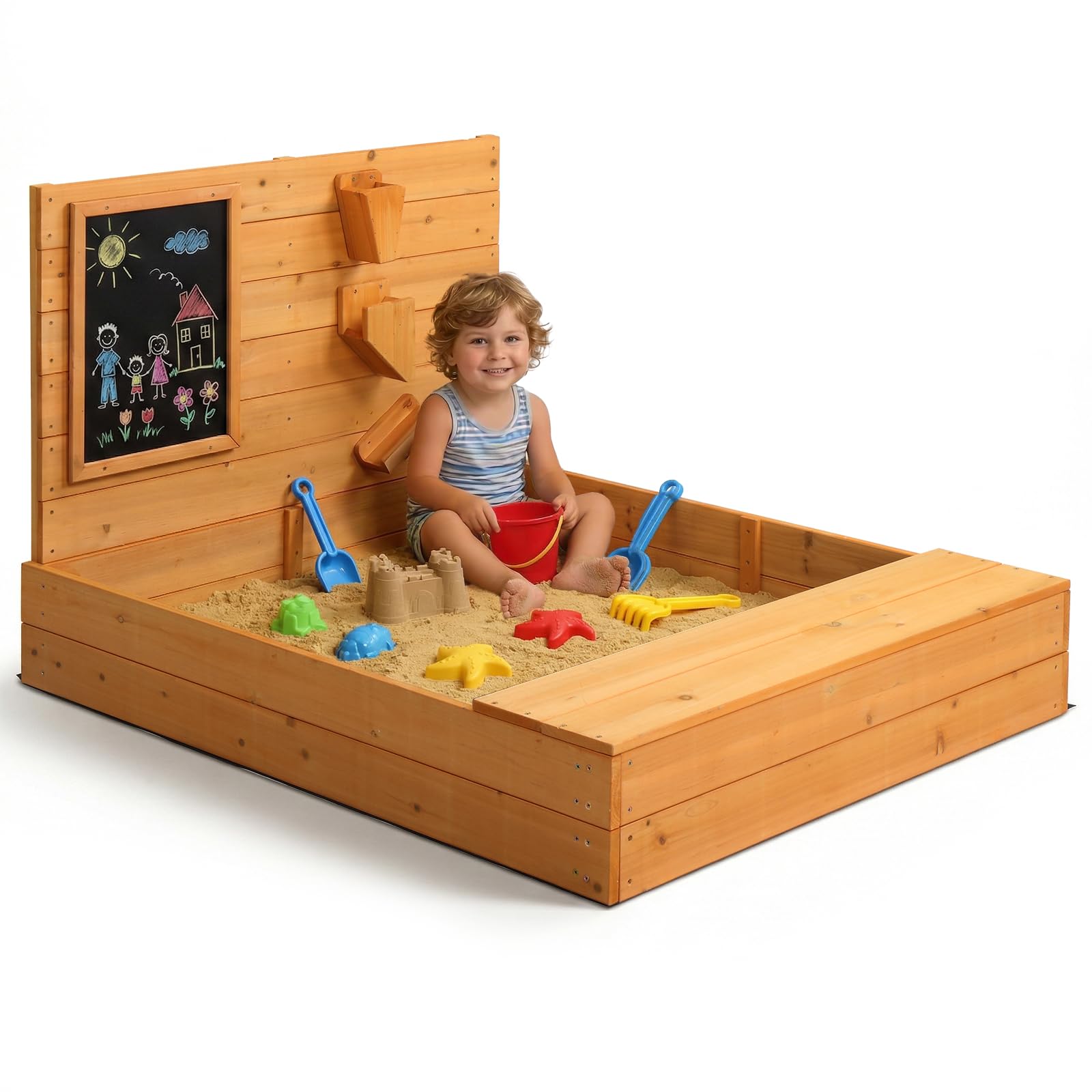 LALAHO Sand Pit with Bench, Storage Space Sandbox with Blackboards & Safety Corners, Fun Wooden Sandpits for Toddler with Lid, Ideal Creative Play and Adventure Outdoor Playhouse, 119 x 101 x 76 cm