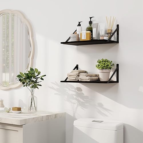 Miniatura 7 de Heimlove Estantes flotantes negros profundos para pared, estantes de pared de madera de 16 pulgadas de ancho x 8 pulgadas de profundidad, estantería