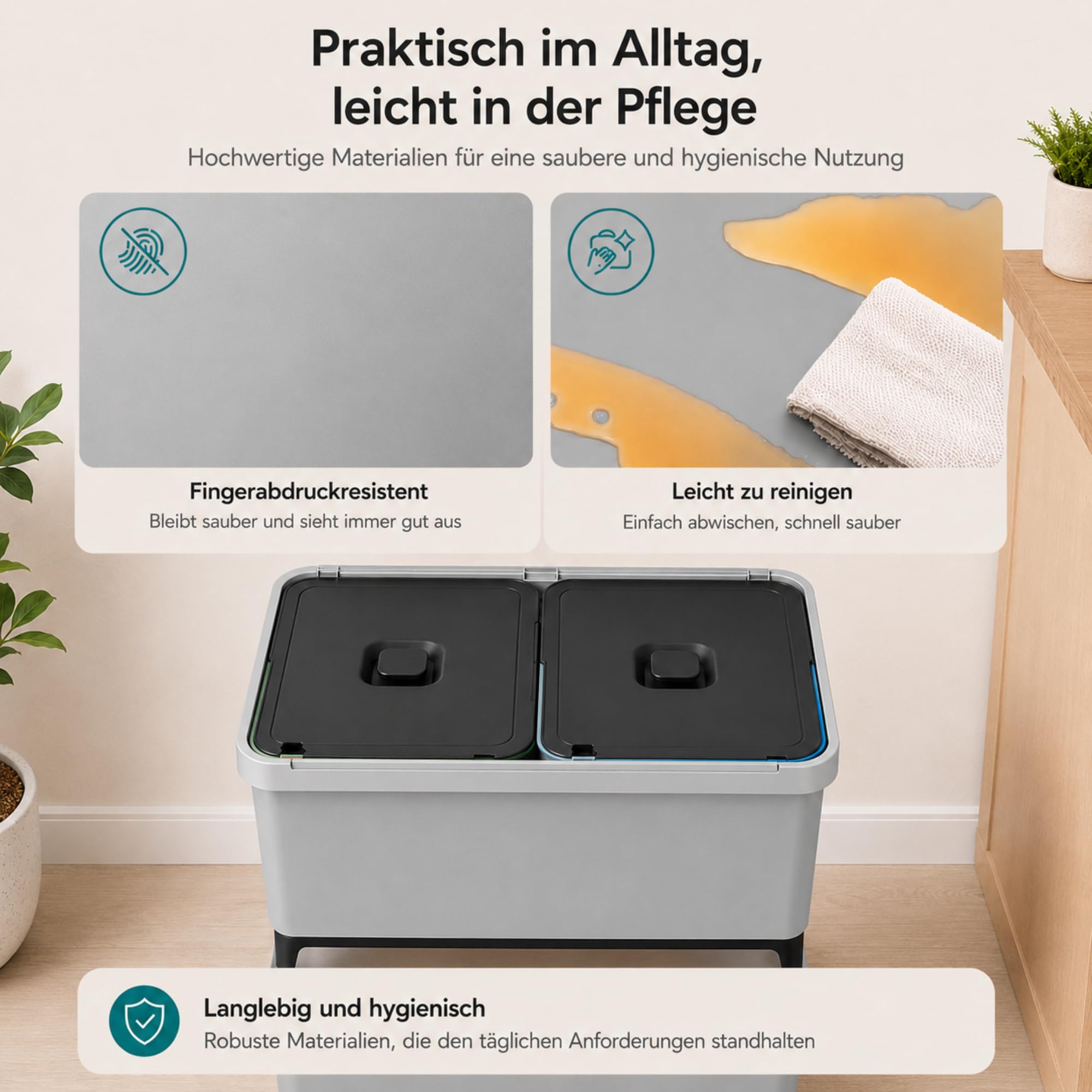 Stalco KEDEN SYSTEMA Mülltrennsystem 2-Fach, 46L: Abfalleimer 2x23L Recycling Mülleimer Mülltrenner Wandmontage Grau (2 Fach)