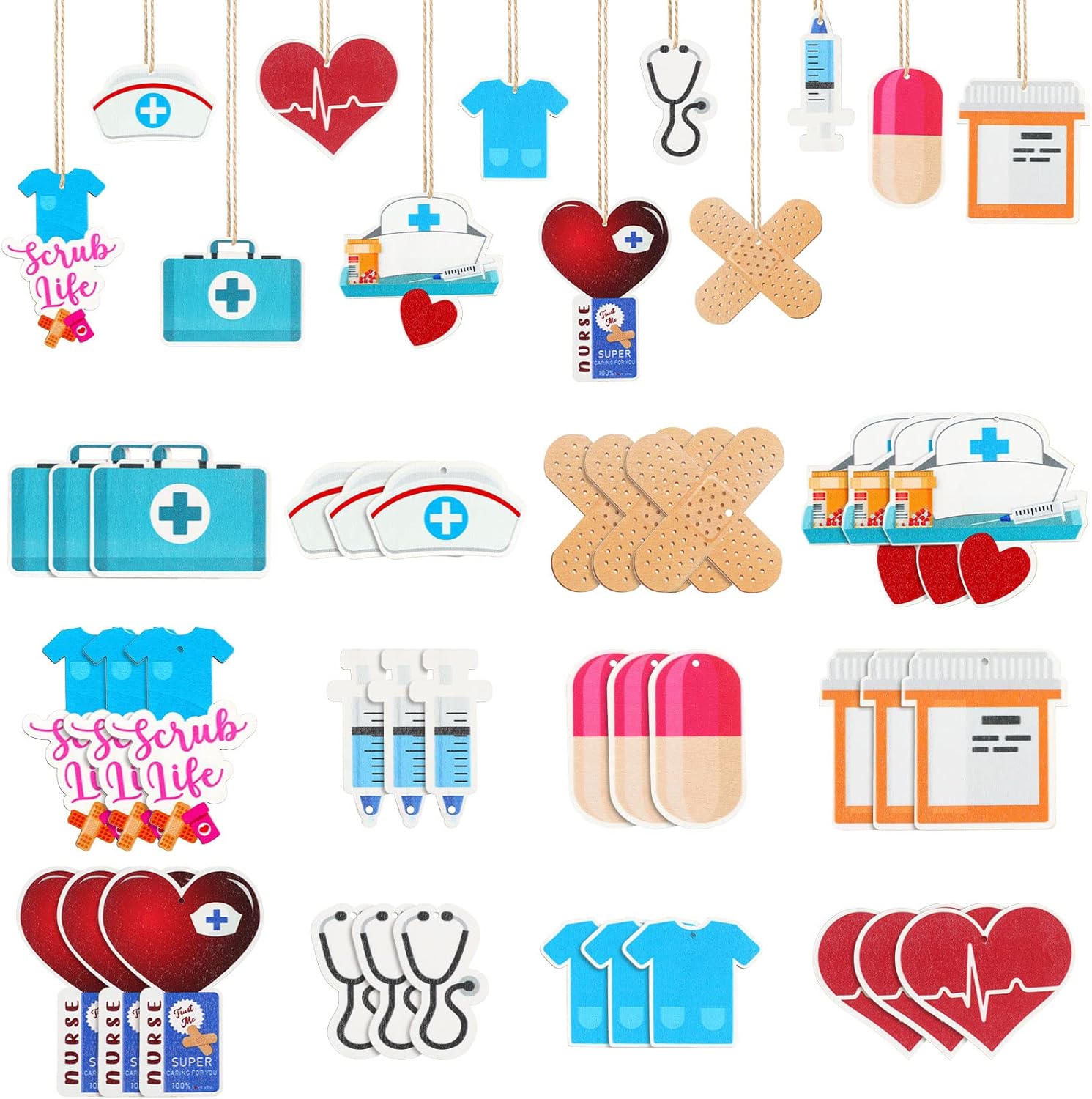 48 Pieces Christmas Nurse Wood Ornament Scrub Life Tray Cap Themed Hanging Appreciation Gifts for Tree Home Decorations (Classic) - Image 8