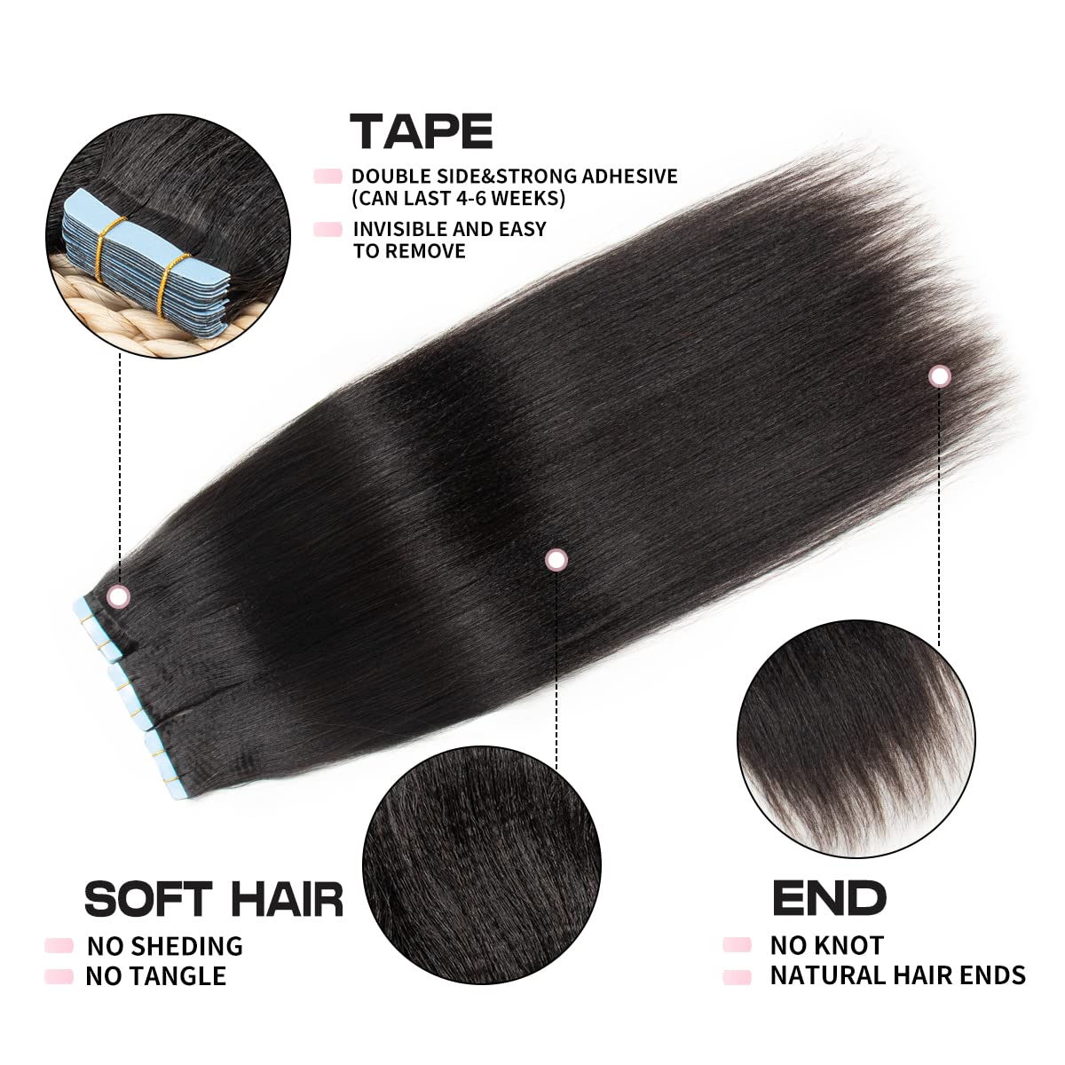 20Inch Tape In Extensions Human Hair for Black Women Yaki Straight Tape In Human Hair Extensions for Women Natural Black Invisible Remy Hair Extensions 20pcs 50g - Image 2