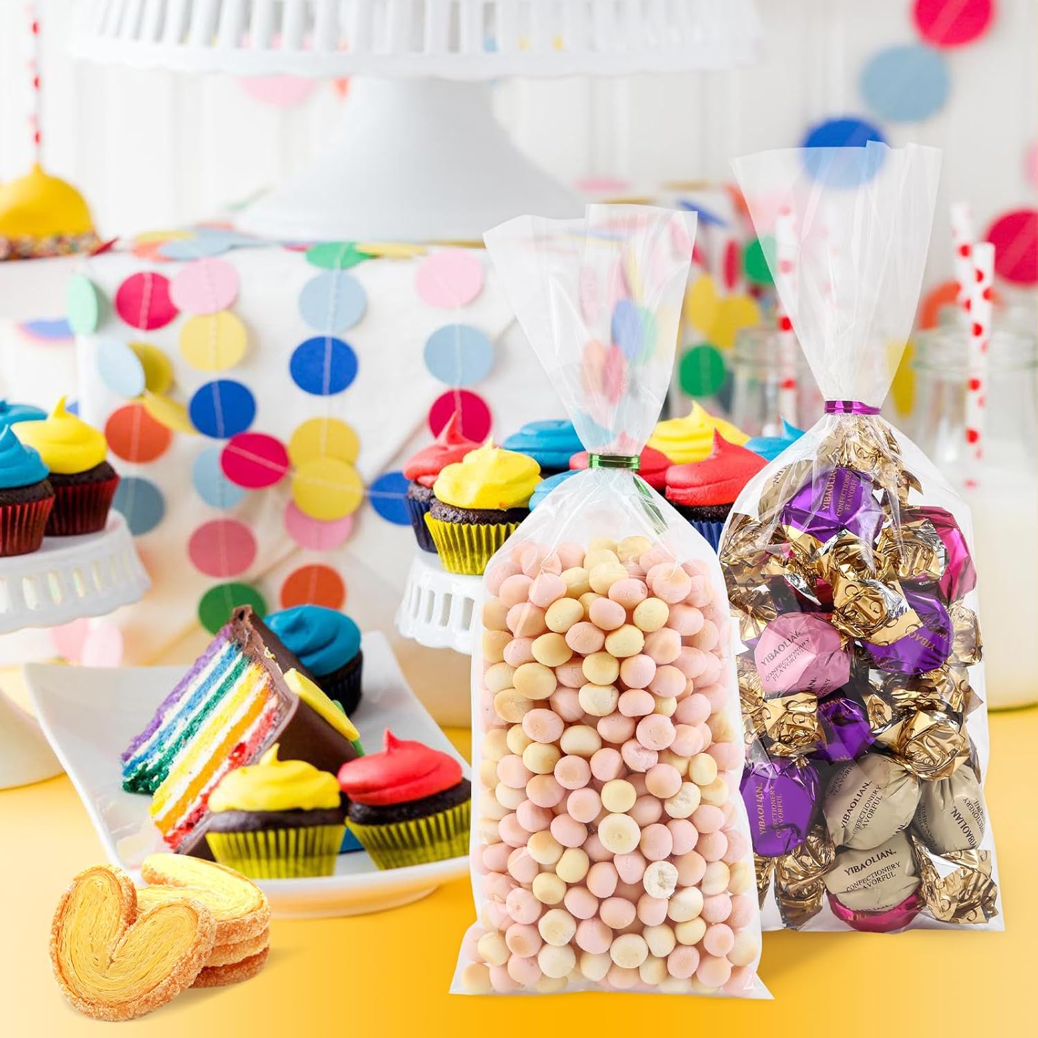 SOMIOCO Small Cellophane Treat Bags 4’’ x 9’’ 300 cnts Clear Plastic Gift Goodie Bags for Small Business, Bakery, Cookie, Candies, Soaps, Party Favors Packaging with Colorful Twist Ties thumbnail