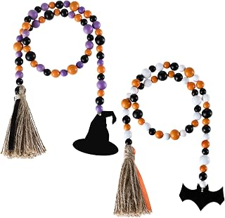2 Pieces Halloween Wooden Bead Garland Rustic Farmhouse Bead Garland Beaded Tiered Tray Decor Prayer Bead Wall Hanging Decor with Witch Hat, Bat Tags and Linen Tassels for Halloween Shelf Display