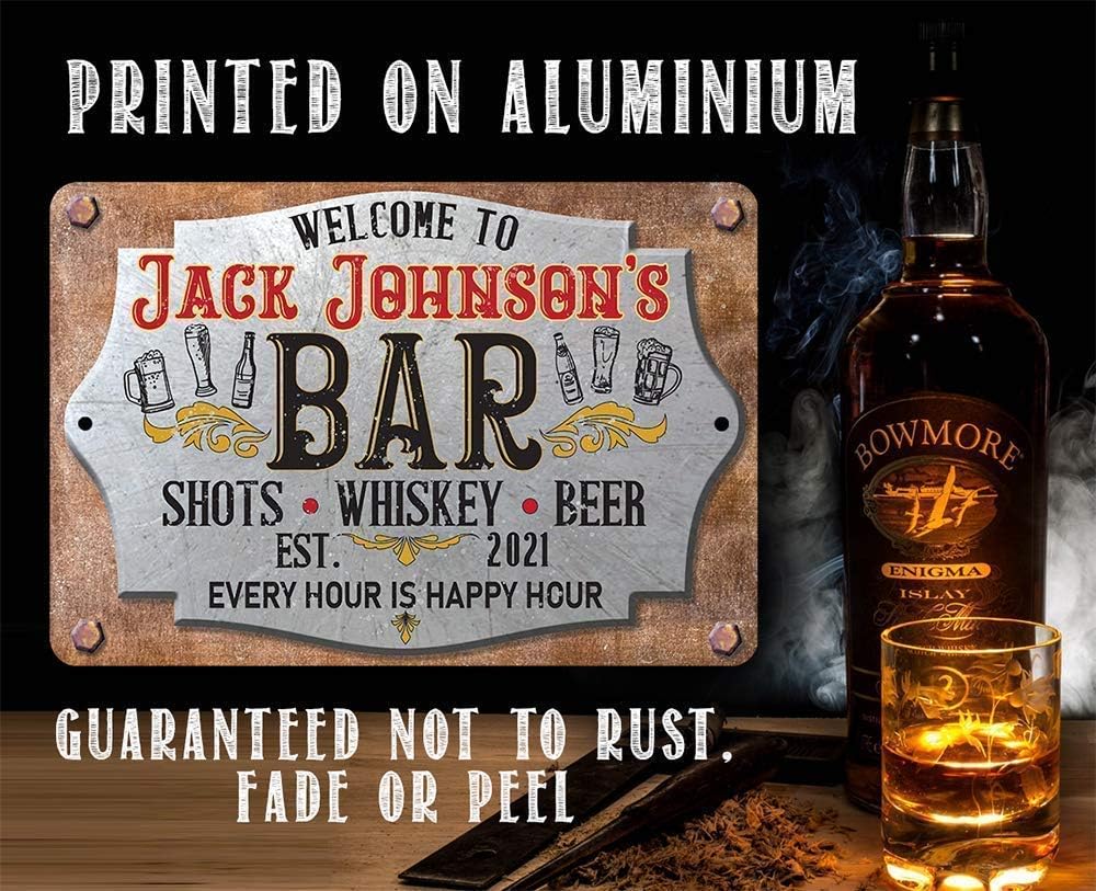 Personalized Bar Metal Sign - Funny Home Bar Decor, Man Cave Alcohol Accessories, Happy Hour Sign, Custom Gifts for Him and Housewarming Gift, 8x12 or 12x18 Indoor or Outdoor Durable Metal Sign