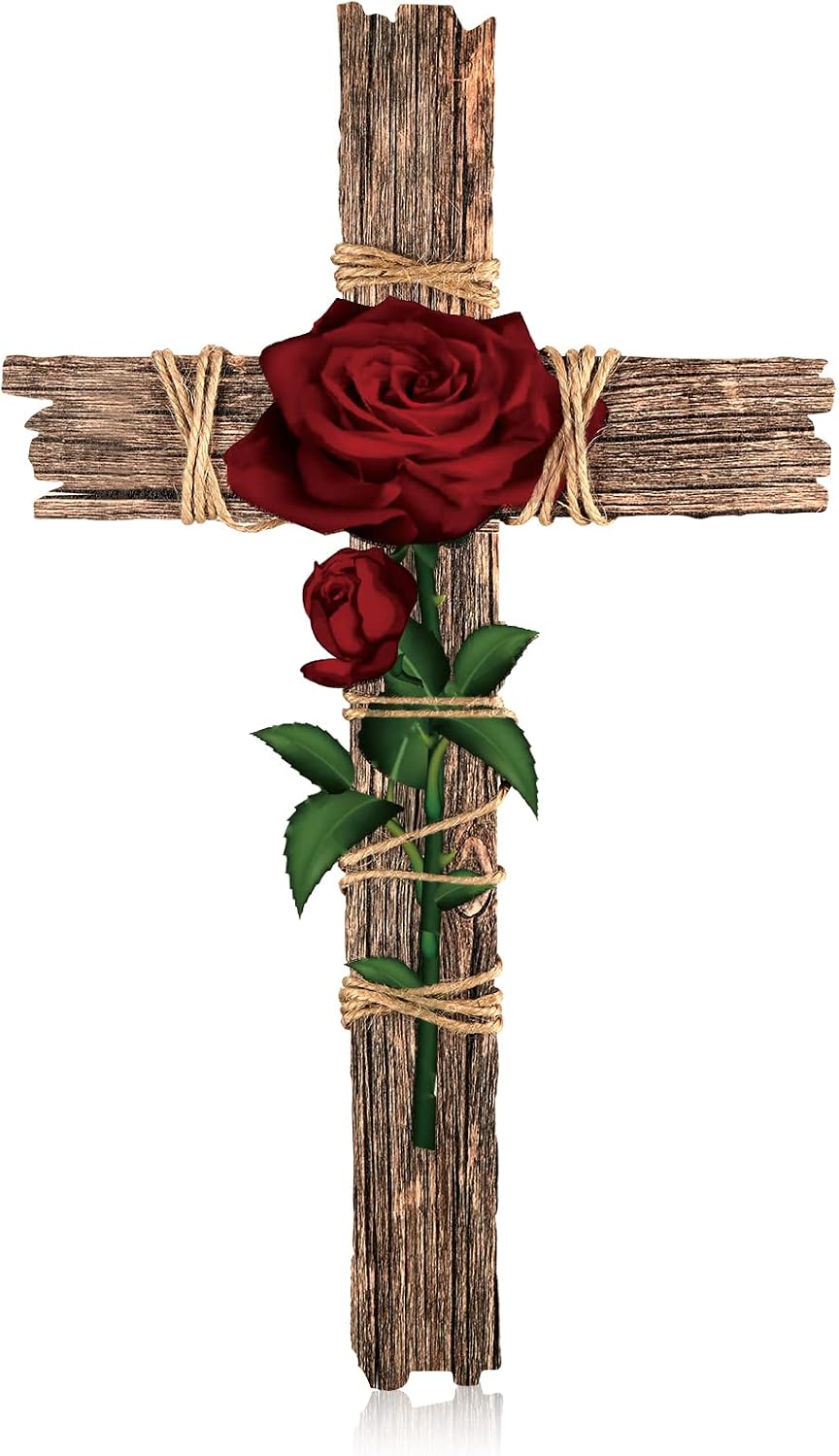 Chunful Wood Wall Cross with Hemp Rope Rose Wooden Wall Mounted Holy Cross Art Religious Home Living Room Decor Accessory for Home Decoration and Gifts