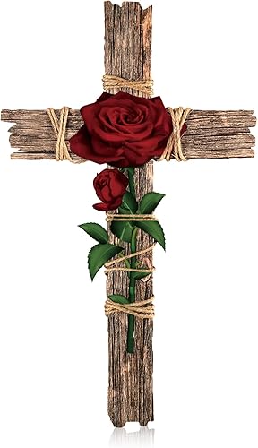 Chunful Cruz de pared de madera hecha a mano con cuerda de cáñamo, rosa de madera, montado en la pared, cruz de la pared, arte religioso, hogar,