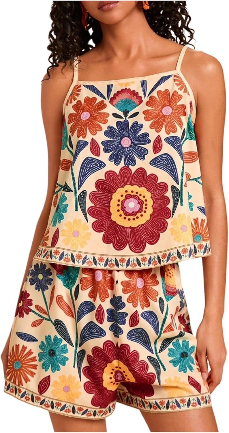 MakeMeChic Women's Boho 2 Piece Sets Summer Vacation Tropical Tank Top Shorts Beach Outfits