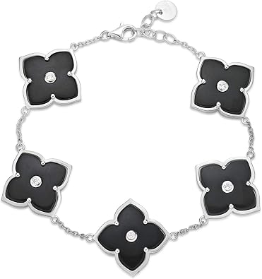 Lavari Jewelers Flower Bracelet for Women - Black Onyx or Mother of Pearl & Cubic Zirconia in 925 Sterling Silver - Hypoallergenic Gold Plated - Adjustable Clover Bracelet for Her - Lobster Claw Clasp