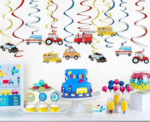 Miniatura 5 de Decoraciones de remolinos colgantes para fiestas de transporte, 30 unidades, con temática de autos, guirnalda de pancarta de feliz cumpleaños para