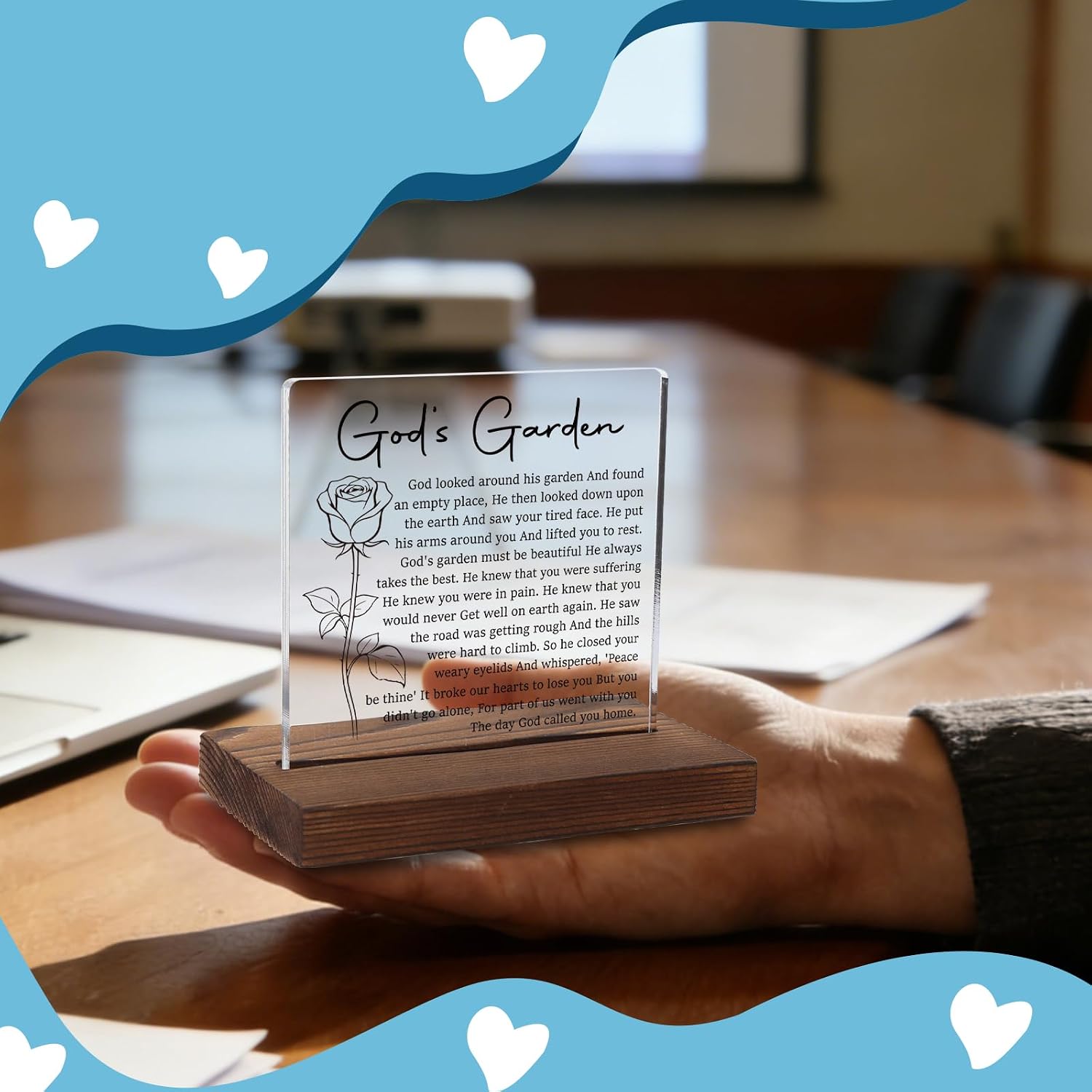 God's Garden Memorial Tribute Plaque, Sympathy Gift for Bereaved Believer, Comforting Remembrance Decor for Grieving Family, Minimalist Acrylic Keepsake with Wooden Stand, XXD198 image 3
