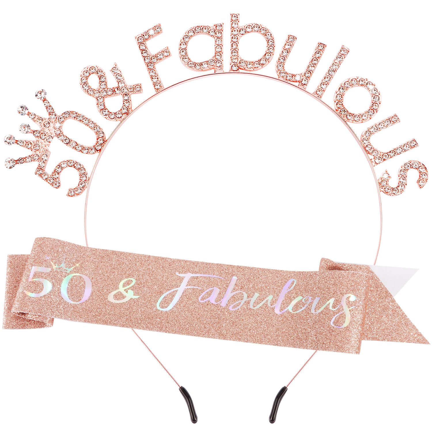 SuPoo 50 Fabulous Birthday Headband Tiara and Sash - Rose Gold 50th Birthday Decorations for Women