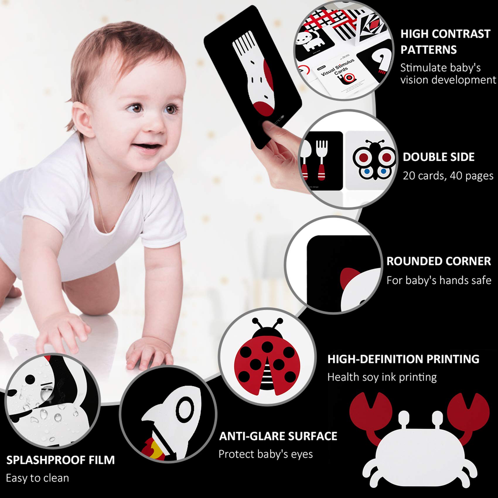 beiens Carta Flash per Bambini ad Alto Contrasto, Giocattoli per Neonati per 3-6 Mesi, Schede per Attività di Apprendimento di Stimolazione Visiva, 20 Pezzi Regalo per Bambini (Bianco e Nero e Colore)