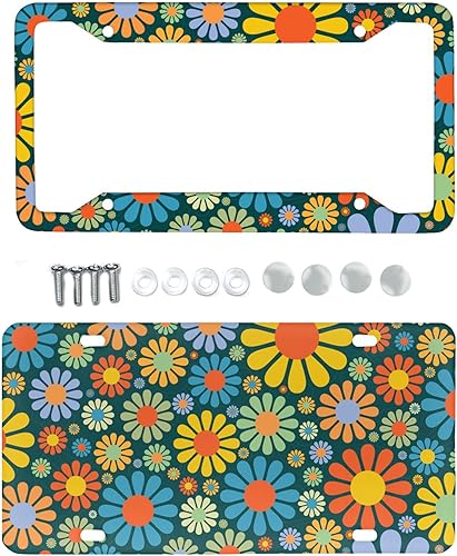 PZZ BEACH Abstracto Hippie Flor Coche Placa Marco Cubierta Colorido Margarita Durable Universal Auto Accesorios