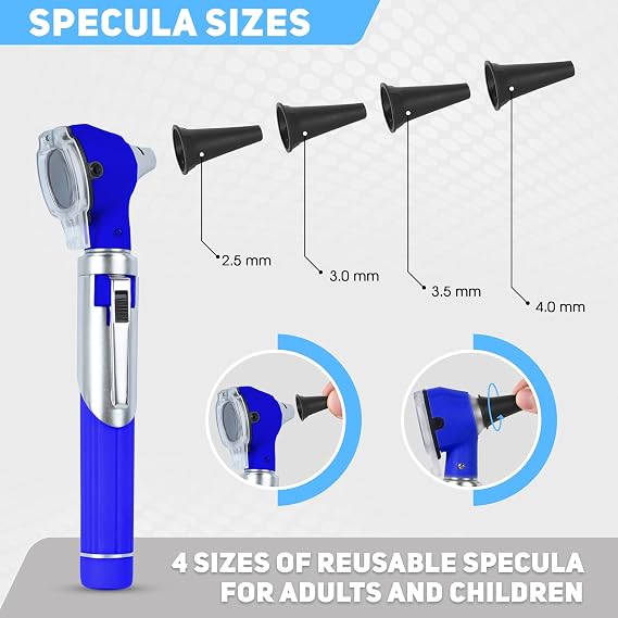 Compact Fiber Optic Otoscope Kit | 2.5V Halogen Light | Magnifying Lens | 2.5X Magnification | Portable ENT Diagnostic Set with Free Specula and Carry Pouch (Blue)