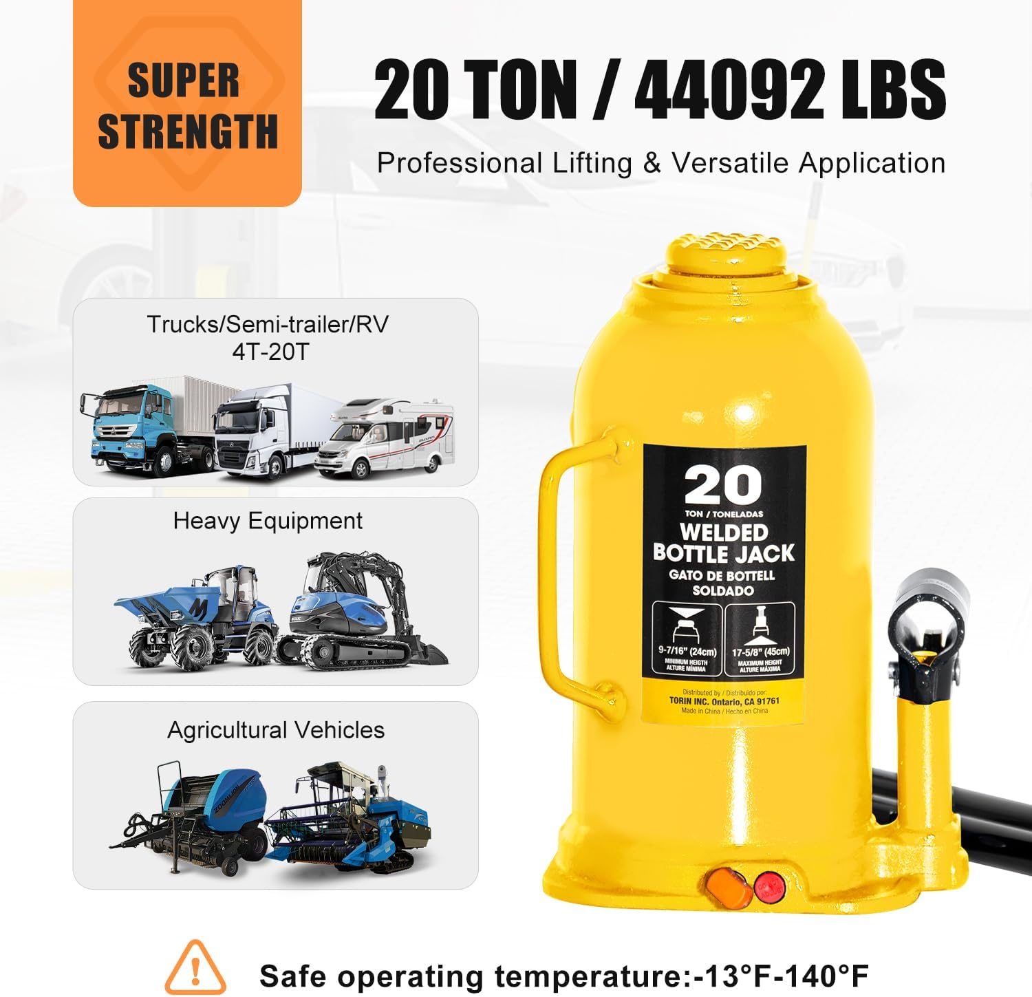 20 Ton (44,000 lb) Heavy Duty Hydraulic Bottle Jack - Industrial Welded Steel Car Lift Jack for Auto Repair & House Leveling - Professional Grade with Safety Valve - Yellow, TAM92003Y